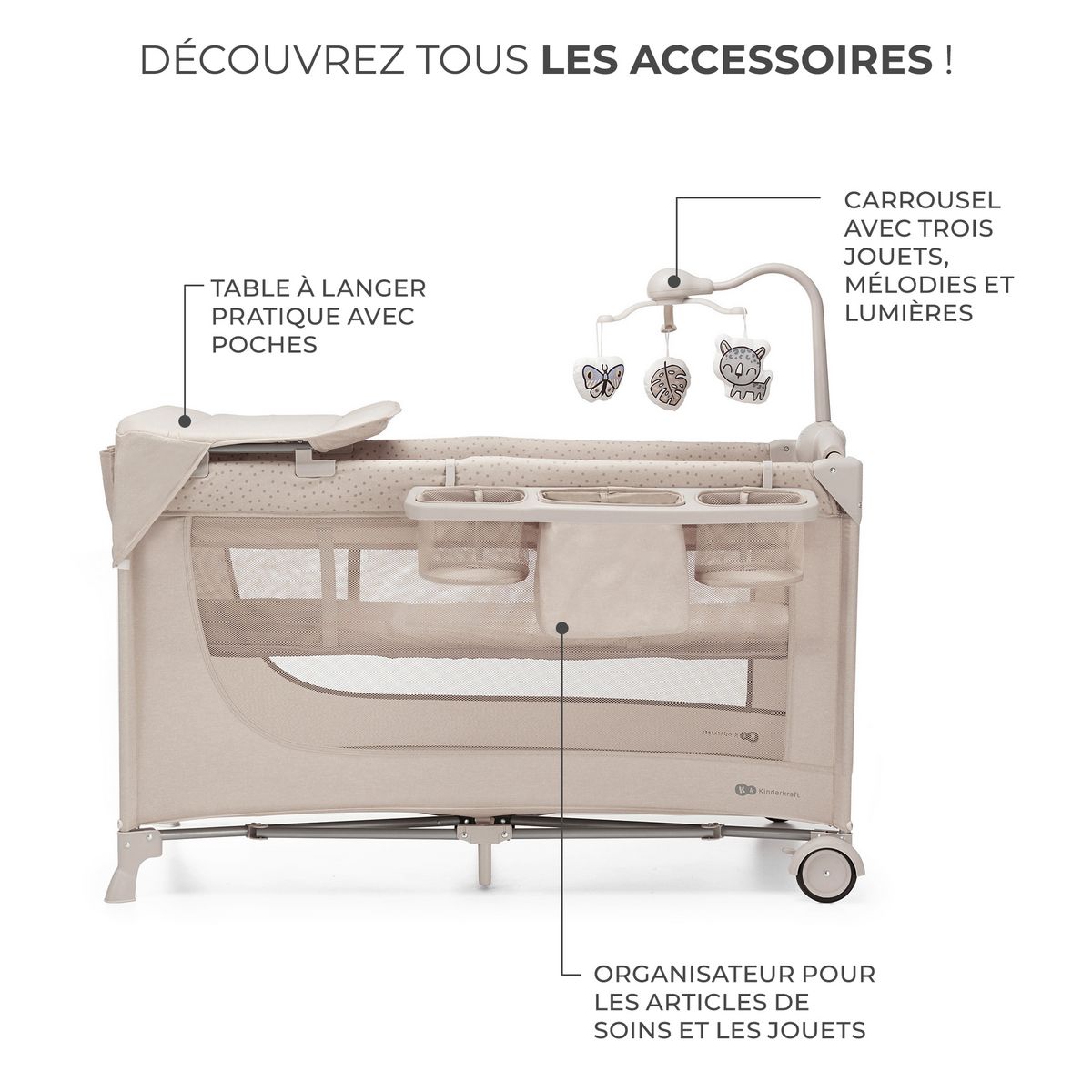 KINDERKRAFT Lit parapluie 3en1 JOY 2 avec accessoires