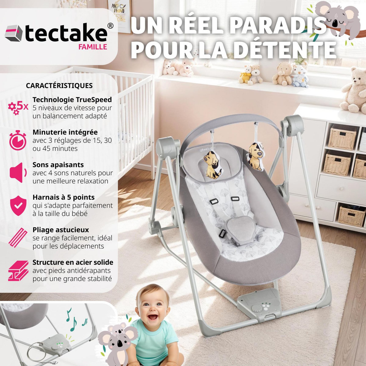tectake Balancelle pour bébé pliable avec technologie TrueSpeed avec 5 niveaux de vitesse gris clair