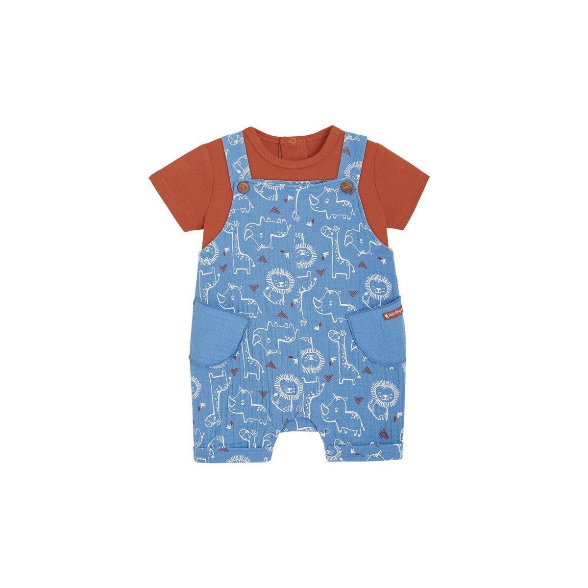 Petit Béguin Salopette en gaze de coton et t-shirt bébé garçon Little Safari