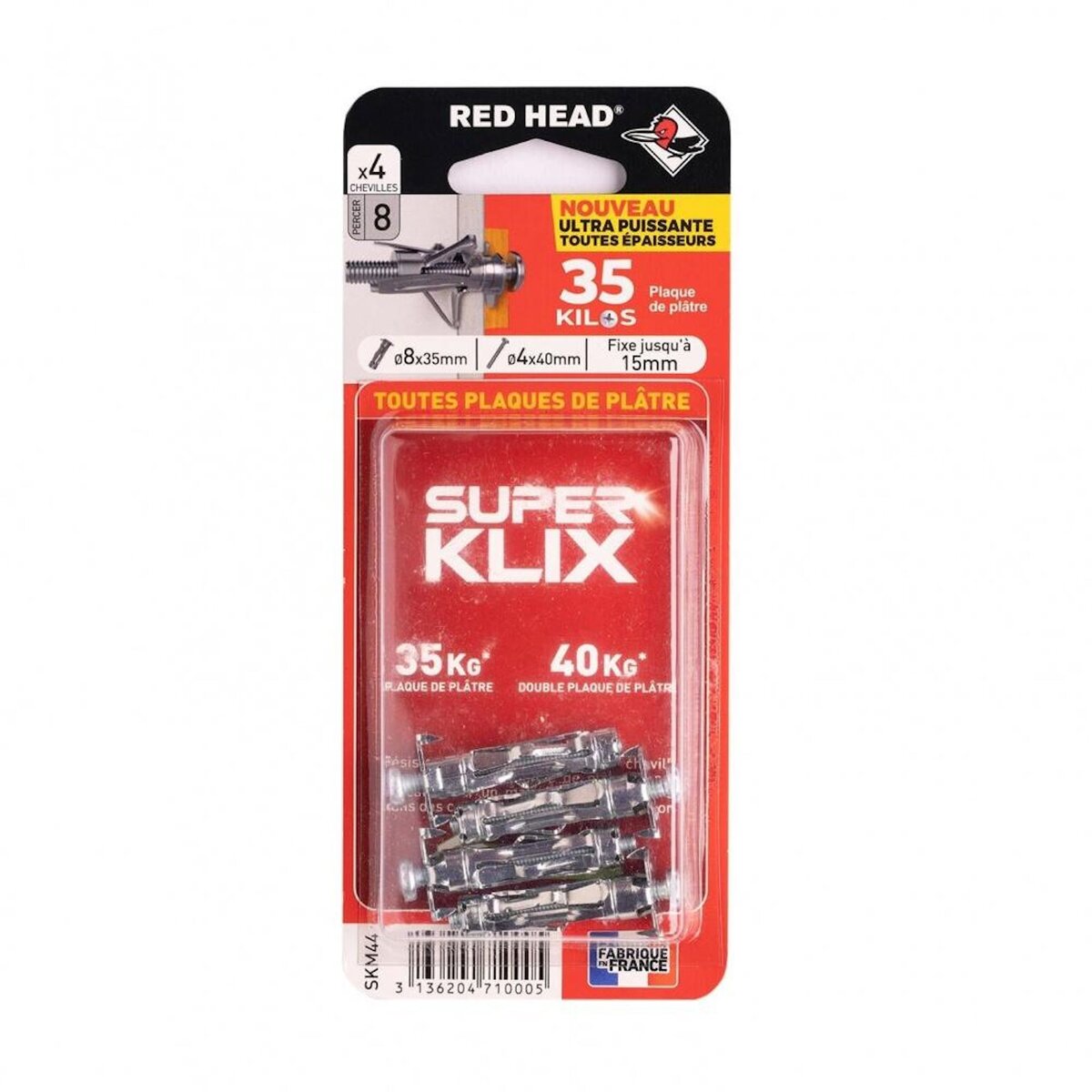 RED HEAD Lot de 4 chevilles Diam.8 x L.35 mm et vis a expansion RED HEAD, Diam.4 x L.40 mm