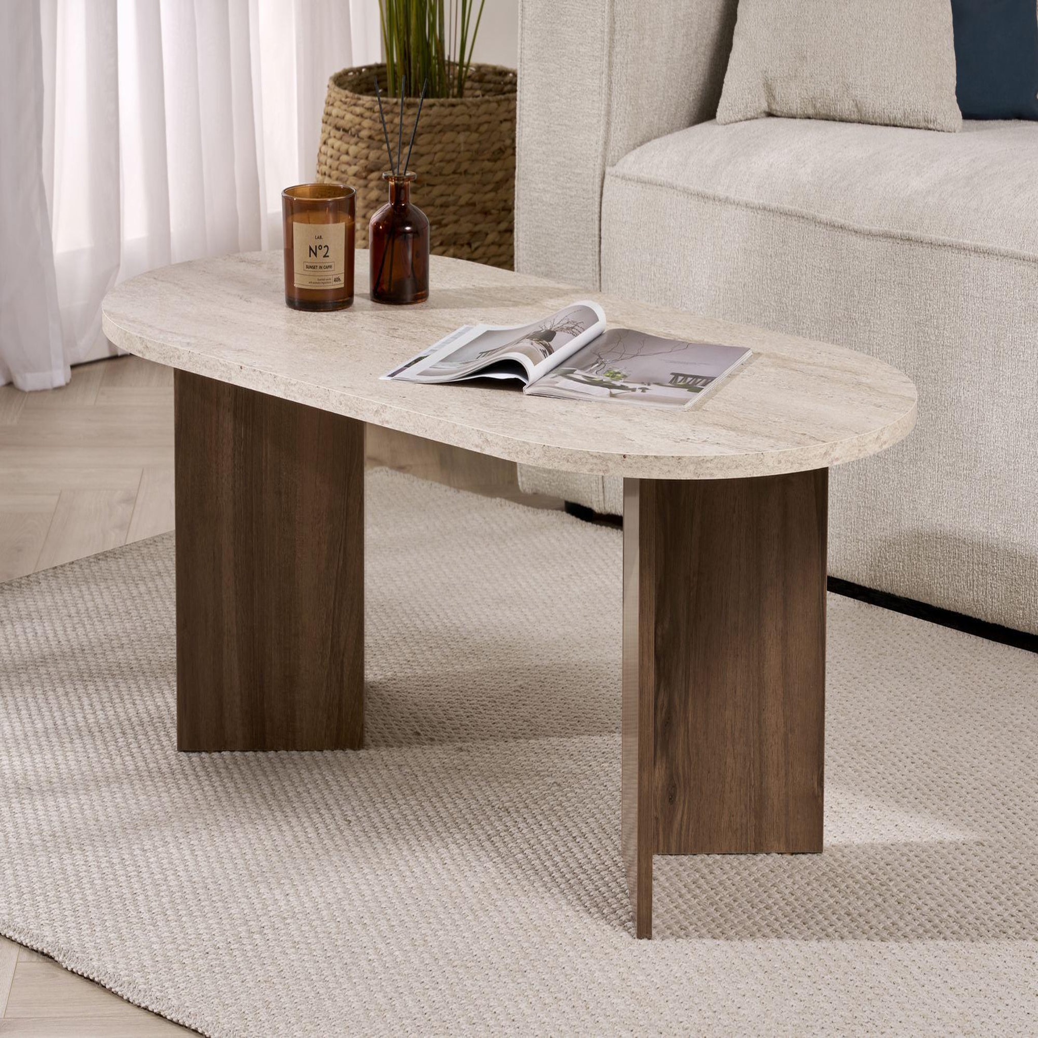 Voir la diapositive 2 : Habitat et Jardin Table basse en bois  sable  119 x 60 x 40 cm - travertin