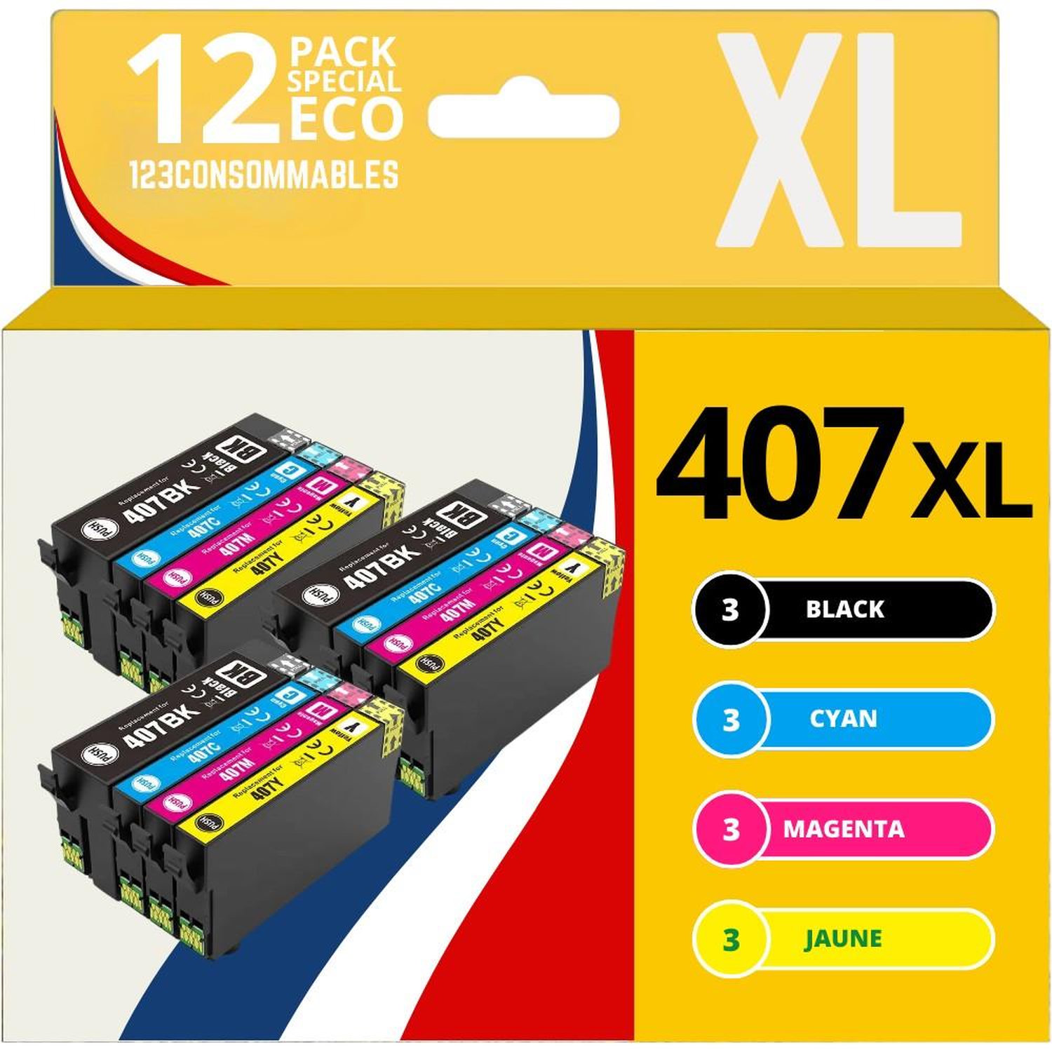 123CONSOMMABLES Pack de 12 Cartouches d'encre compatibles avec Epson 407XL WorkForce Pro WF 4745DTWF 3 Noires 3 Cyan 3 3 Jaune Neuf - vue 6
