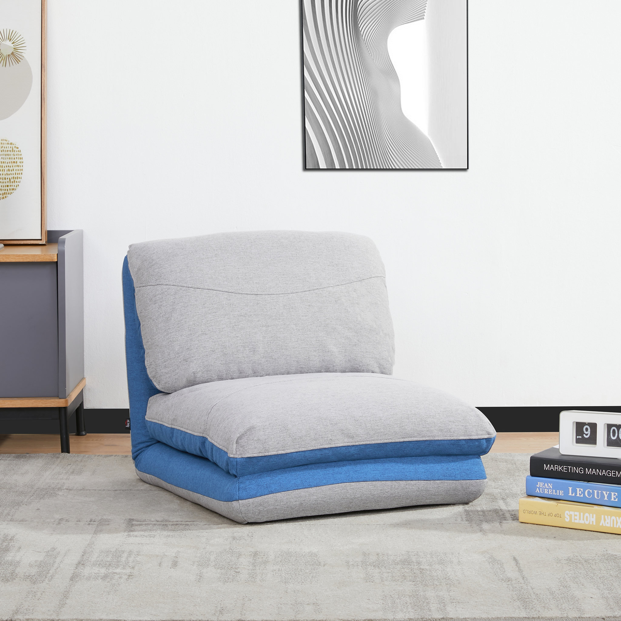 Voir la diapositive 2 : HOMCOM Chauffeuse - matelas d'appoint pliant - fauteuil convertible - inclinaison dossier réglable 5 positions - tissu polyester aspect lin gris clair bleu