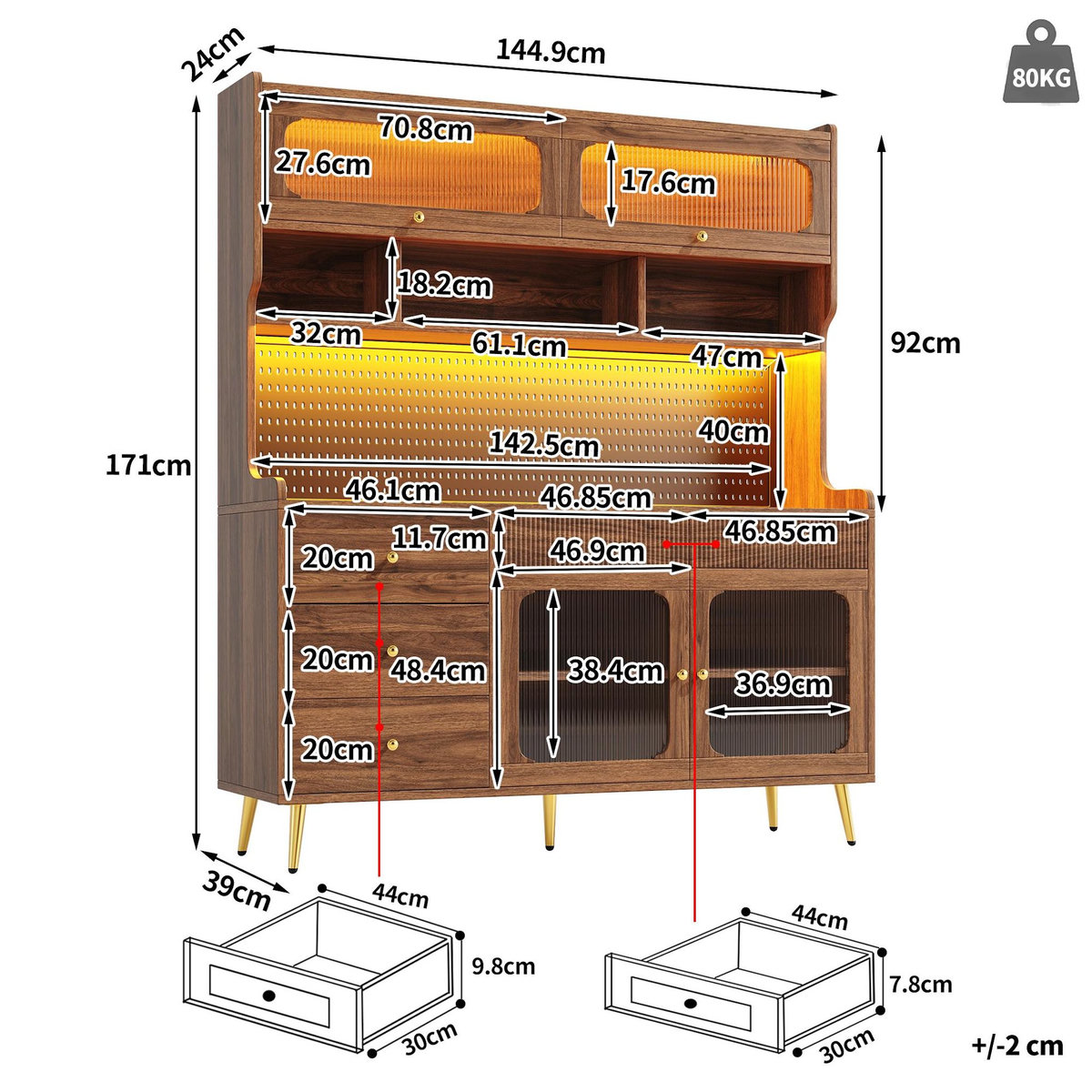 MERAX Buffet de cuisine 4 portes 4 tiroirs - 144,9 cm noyer led mdf