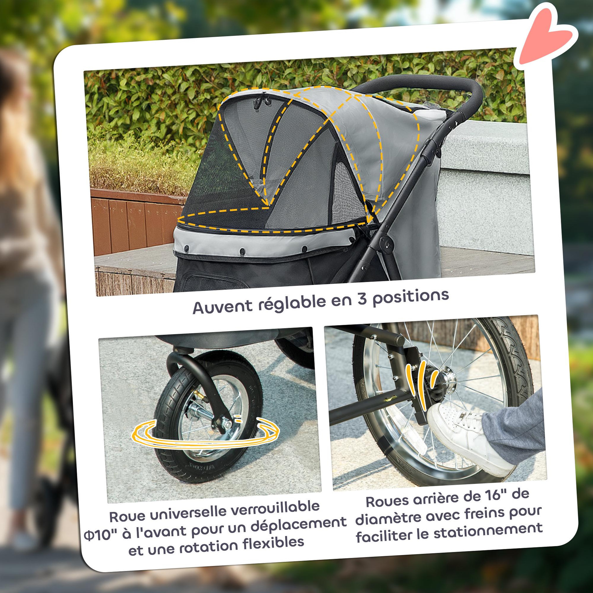Voir la diapositive 5 : PAWHUT Poussette jogger pour chien pliable en un clic - panier de rangement, coussin lavable, attache, auvent réglable - gris