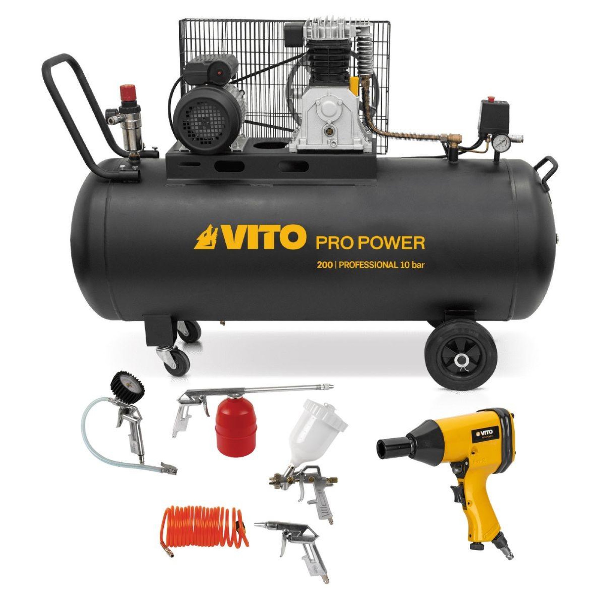VITO Compresseur d'air 200l 10bar 400l/min + clé à choc pneumatique 310nm + outils de gonflage soufflage peinture garage atelier vito