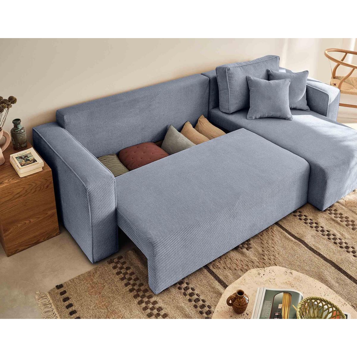 BEST MOBILIER Topaze - canapé d'angle réversible - 4 places - convertible avec coffre - en velours texturé