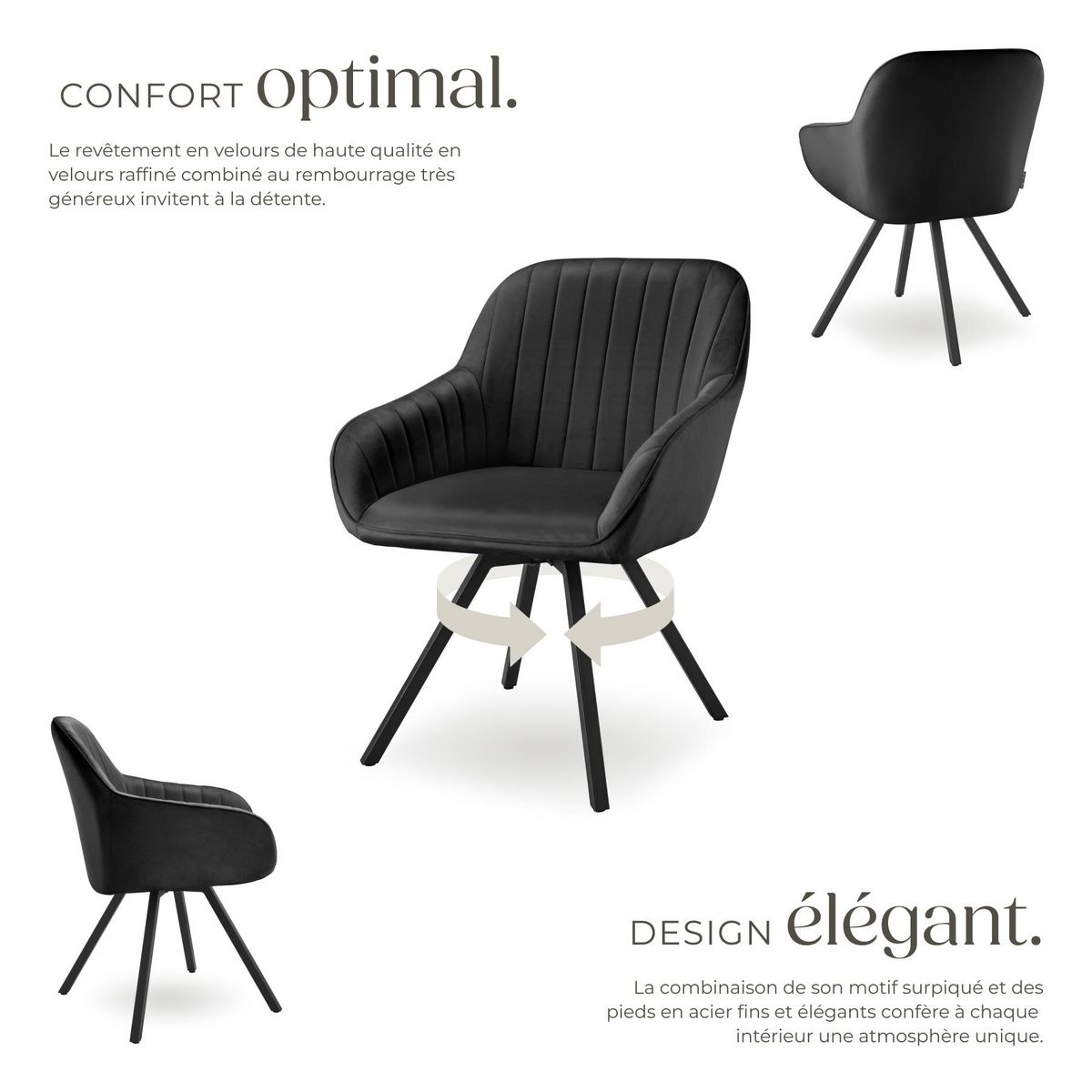 tectake Chaise pivotante avec accoudoirs rembourrée aspect velours noir