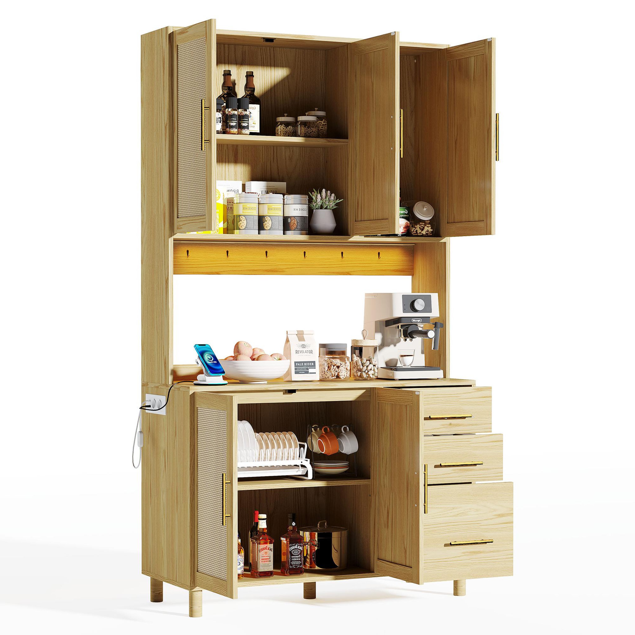 MERAX Buffet de cuisine 5 portes 3 tiroirs. Coloris disponibles : Marron, Noir, Blanc