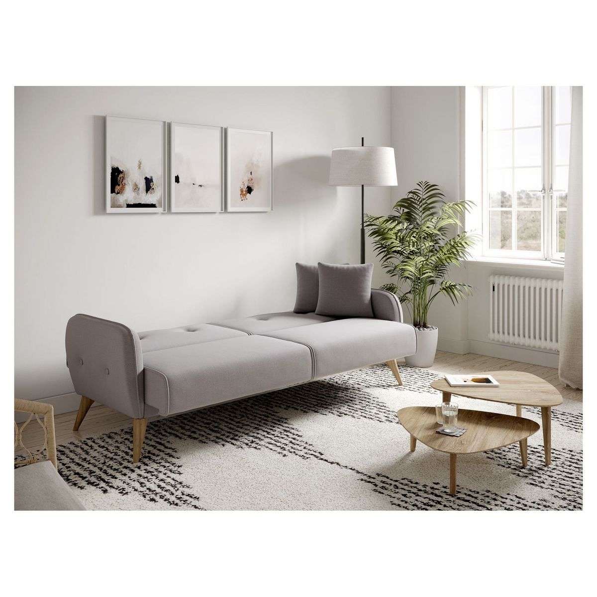 Canapé droit convertible 3 places tissu pieds bois clair BONJO