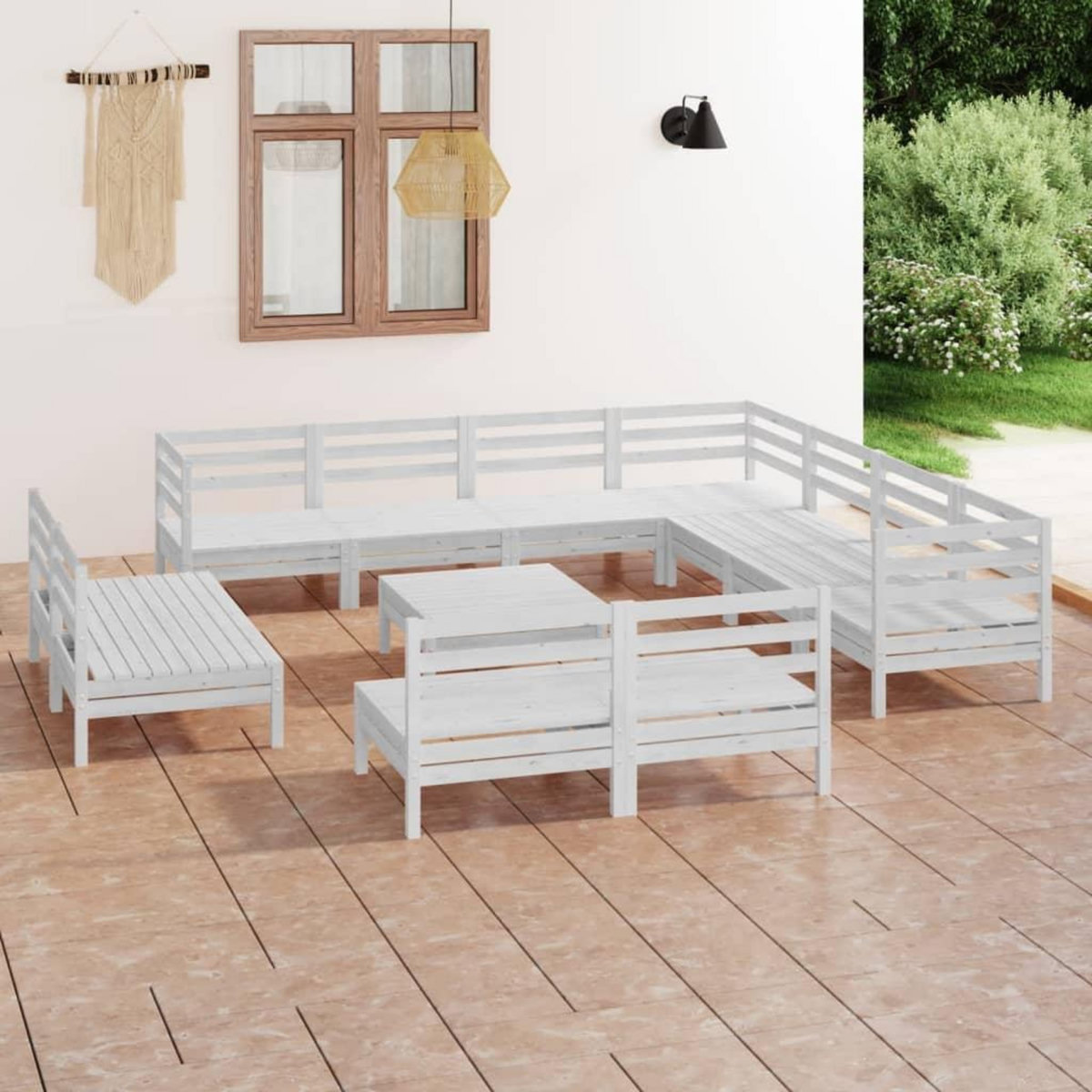 VIDAXL Salon de jardin 12 pcs Bois de pin massif Blanc