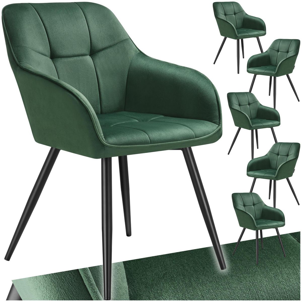 tectake Chaise de salle à manger rembourrée et en velours matelassé vert foncé/noir Lot de 6