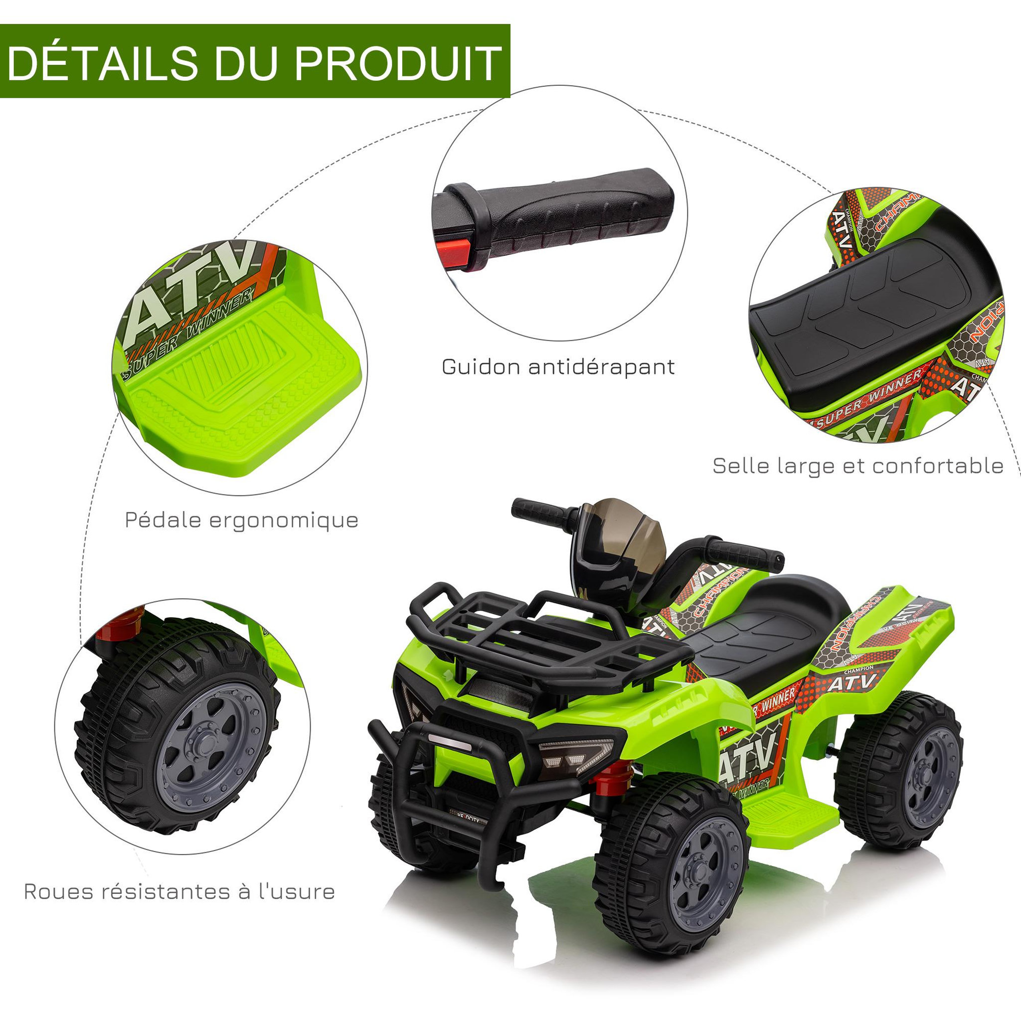 Voir la diapositive 5 : HOMCOM Buggy électrique enfant quad électrique pour enfant de 18 à 36 mois effet lumineux 6 V 2 Km/h max. métal PP vert