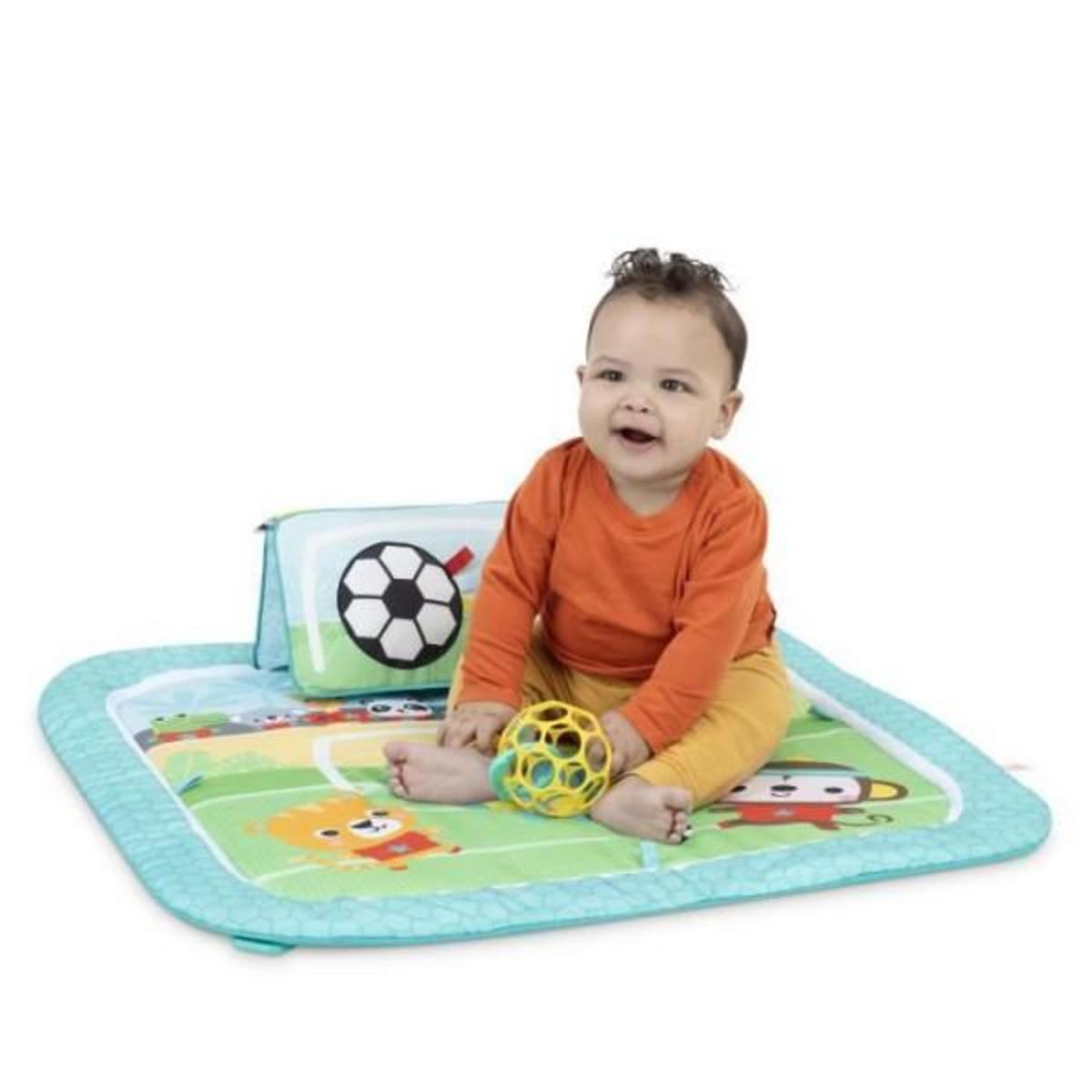 Bright Starts BRIGHT STARTS Tapis d'Eveil Football, Arche de jeu avec jouets Oball détachables, Musique et Lumieres, Dimensions : 47 x 74 x 7