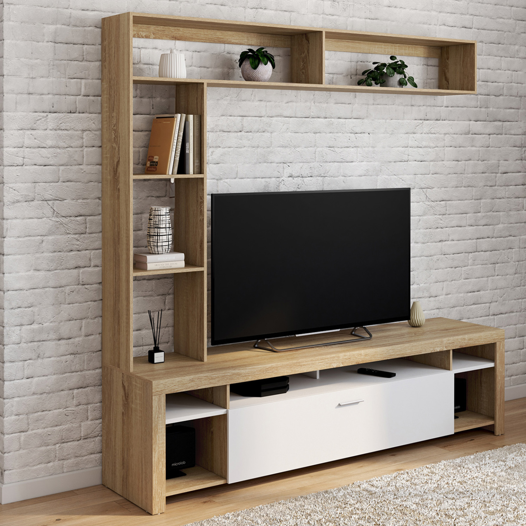 Voir la diapositive 2 : ID MARKET Ensemble meuble tv et étagères 170 cm malo bois et placard blanc