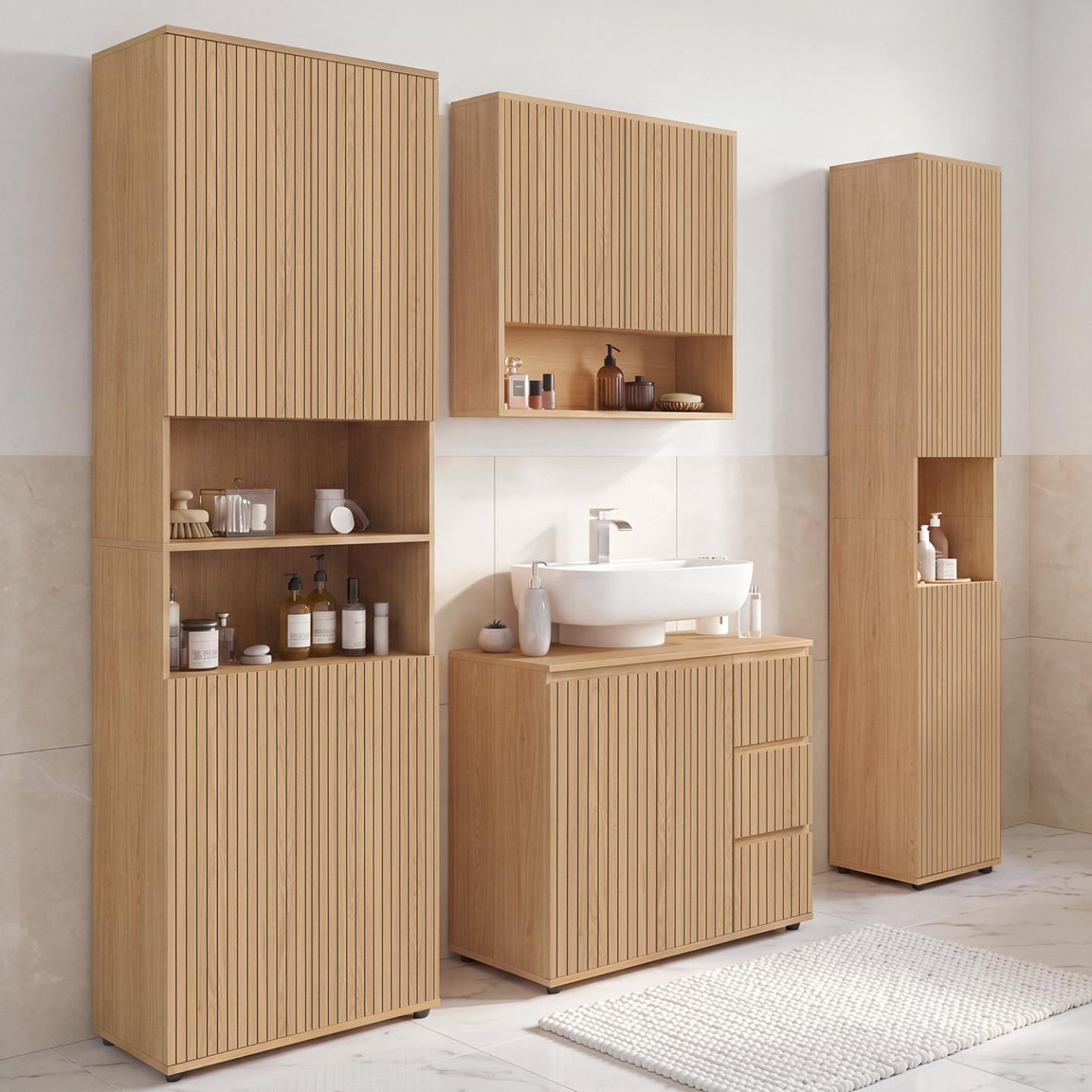Voir la diapositive 5 : ID MARKET Meuble sous lavabo salle de bain VICTOR avec placard et 3 tiroirs effet lattes