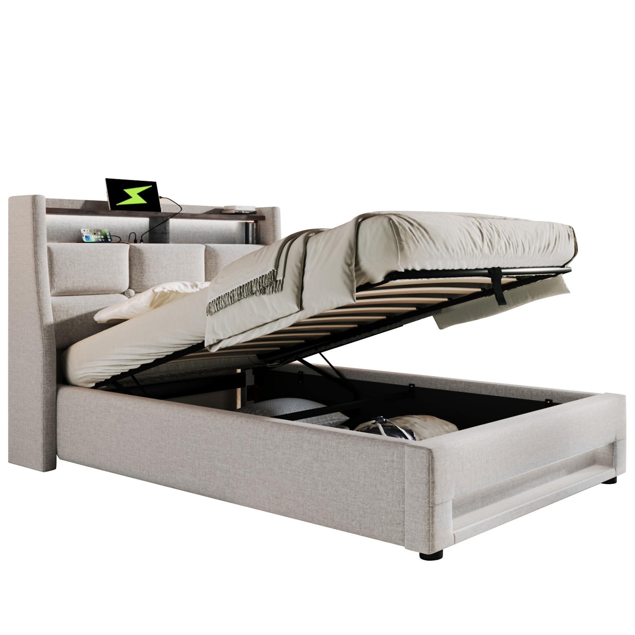 Voir la diapositive 1 : MERAX Lit coffre avec USB et LED Lin gris