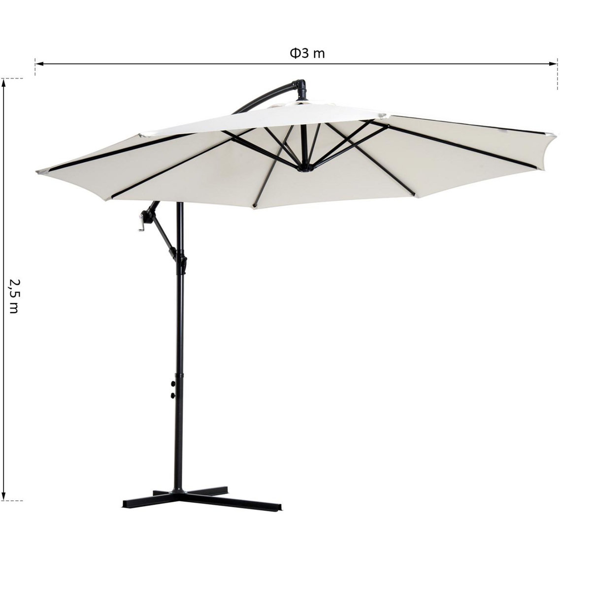 OUTSUNNY Parasol déporté octogonal inclinable manivelle pied acier Ø 3 x 2,5H m crème