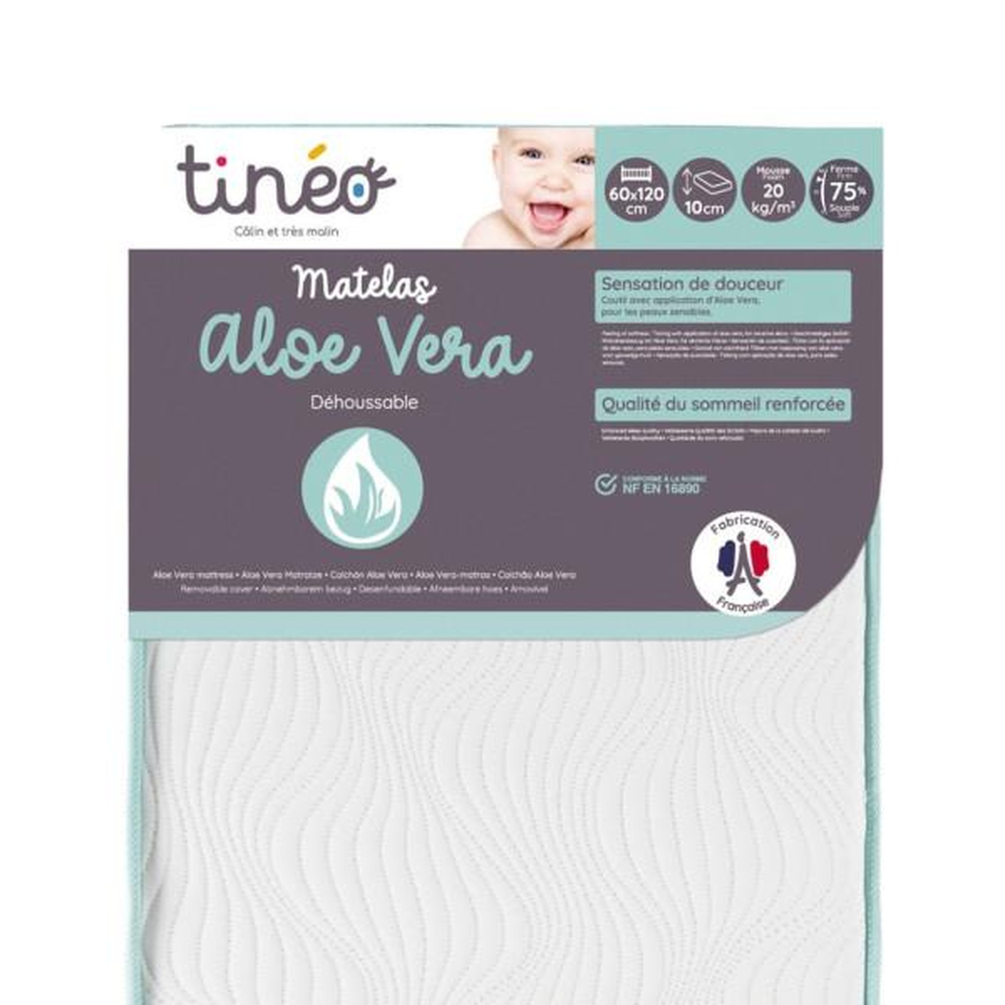 Voir la diapositive 1 : TINEO Matelas bébé 60x120x10cm Aloe vera - Peau Sensible - Propriétés Anti Bactériennes/Allergenes - Apaisant - Fabriqué En Fran