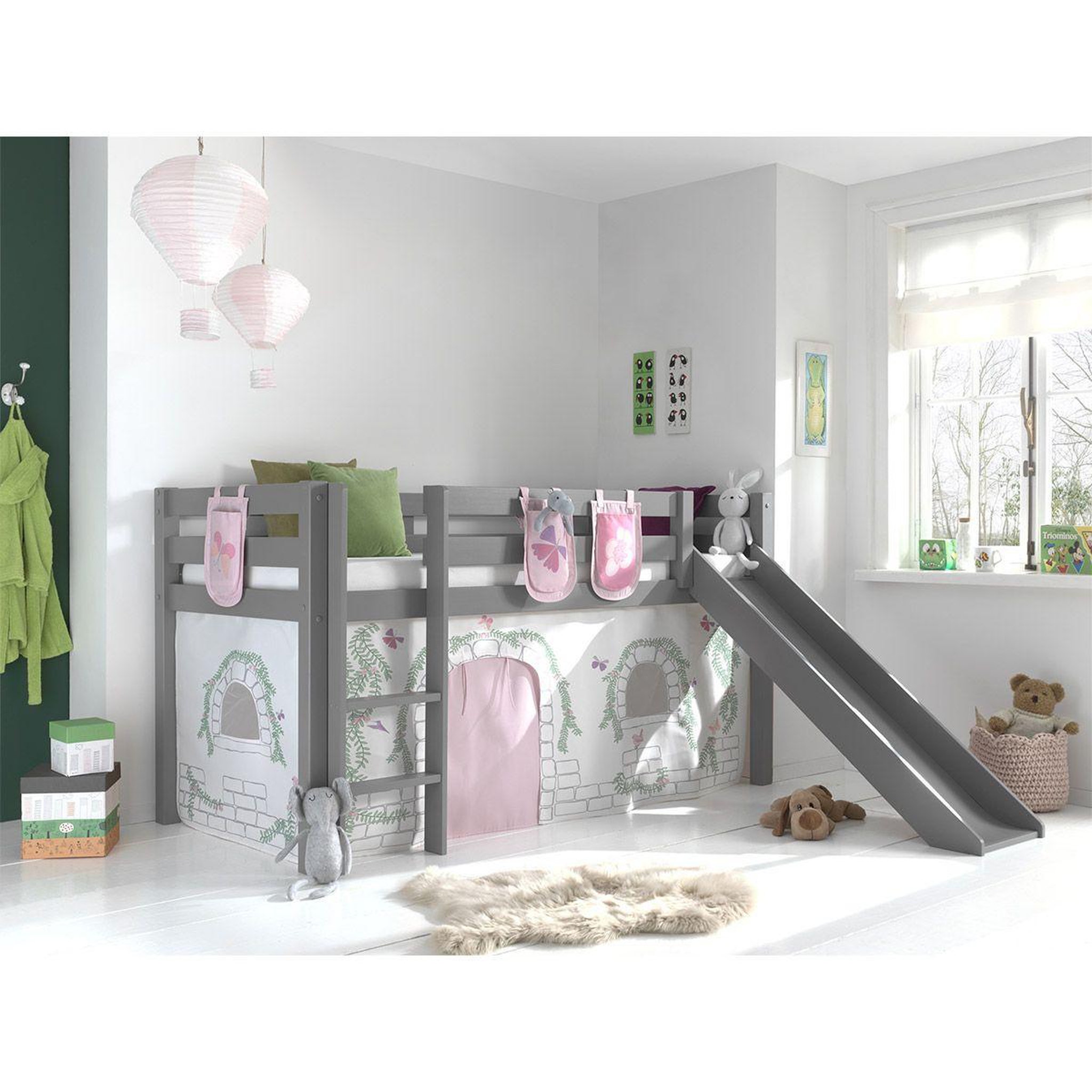 Voir la diapositive 2 : Paris Prix Pack - lit enfant toboggan, tente & 3 pochettes  pino birdy  gris