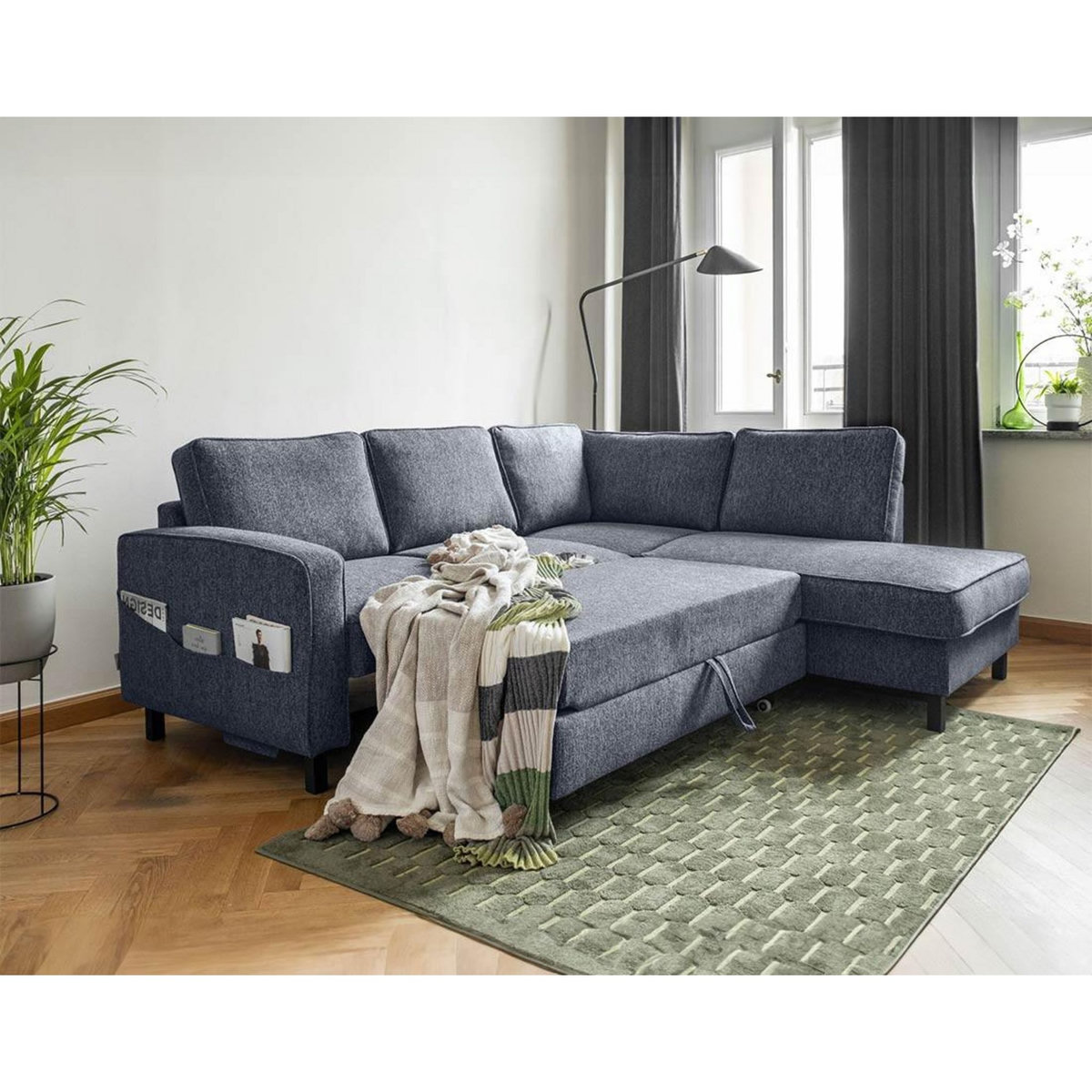 BEST MOBILIER Molly - canapé d'angle droit 5 places convertible en tissu