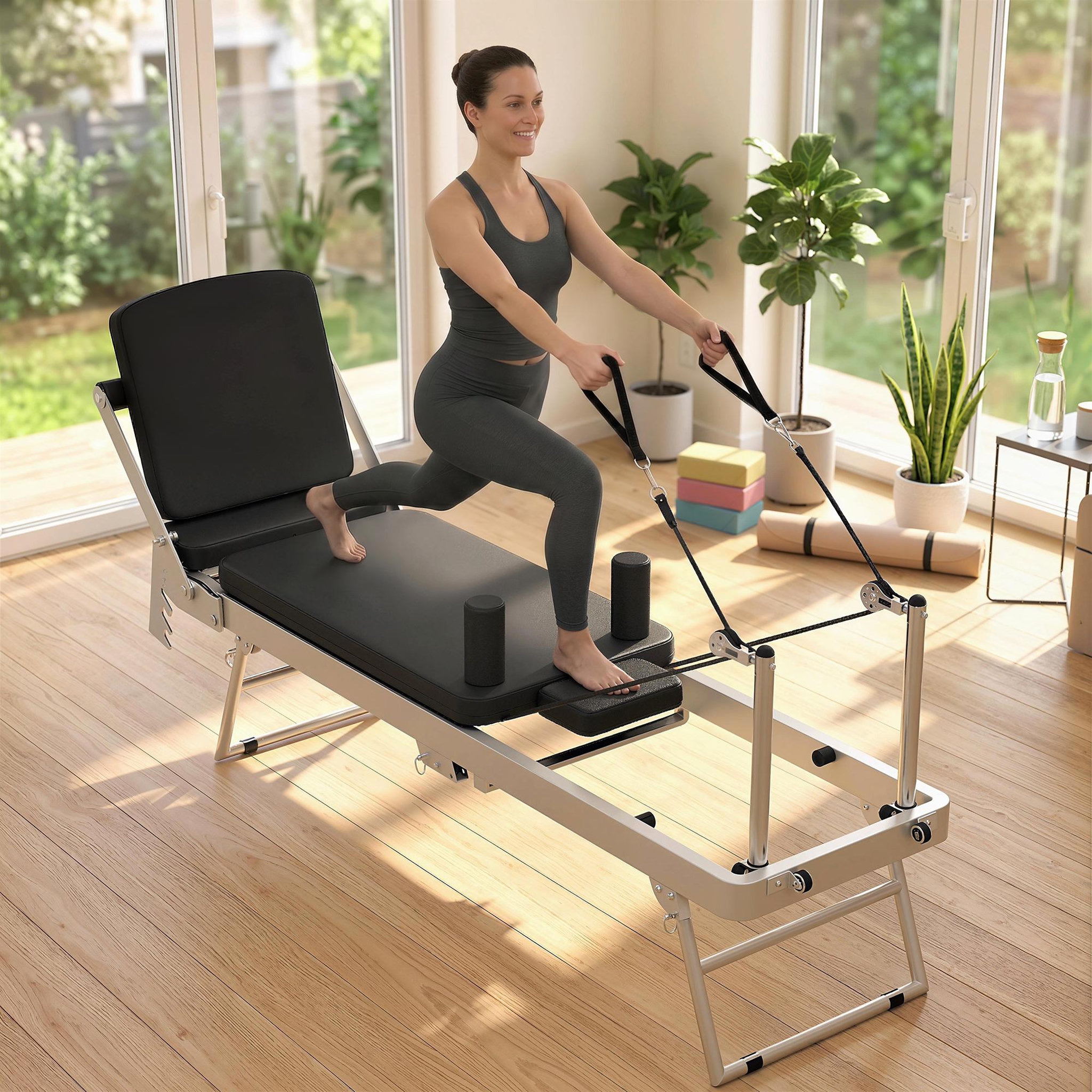 Voir la diapositive 6 : HOMCOM Machine reformer pilates pliable système hybride 4 ressorts acier blanc