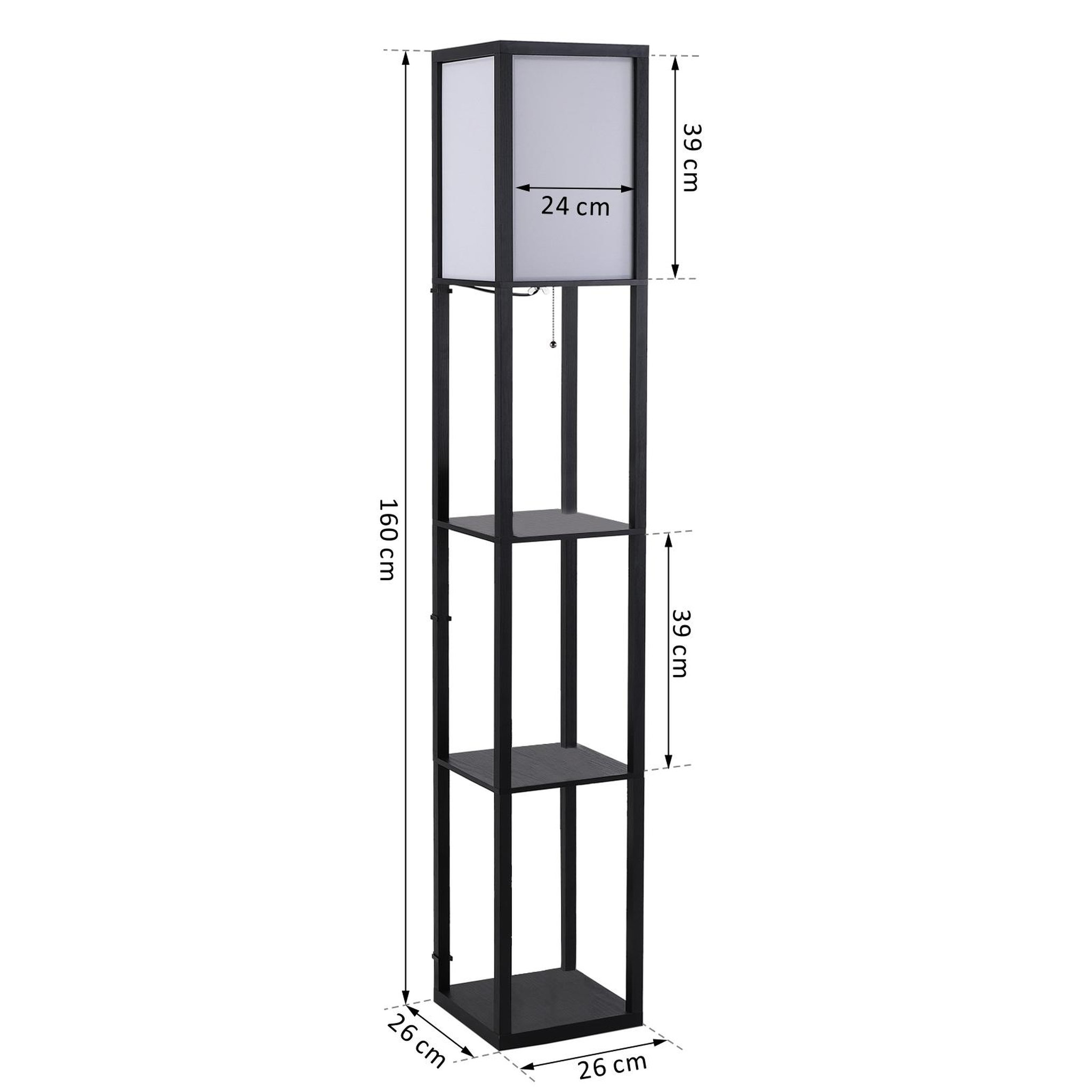 Voir la diapositive 3 : HOMCOM Lampadaire étagère lampe étagère 26L x 26l x 160H cm 3 étagères 4 niveaux MDF noir
