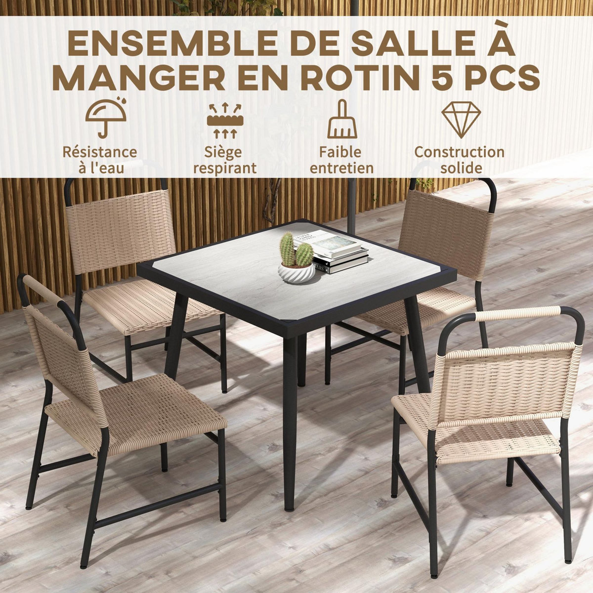 OUTSUNNY Ensemble de jardin 5 pièces table carrée 4 chaises résine verre