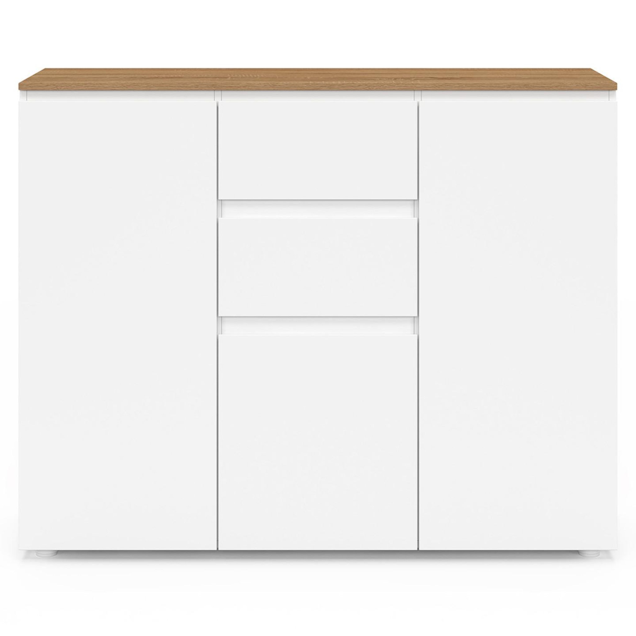 Voir la diapositive 3 : ID MARKET Buffet 100 cm toby 3 portes 2 tiroirs blanc et plateau bois