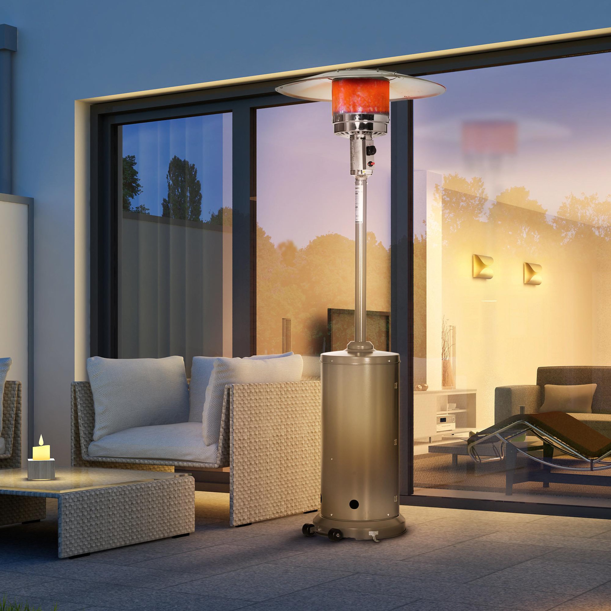 Voir la diapositive 2 : OUTSUNNY Parasol chauffant commercial 12,5 kW - chauffage extérieur gaz - chauffage de terrasse - double sécurité - puissance réglable - roulettes - acier inox. gris