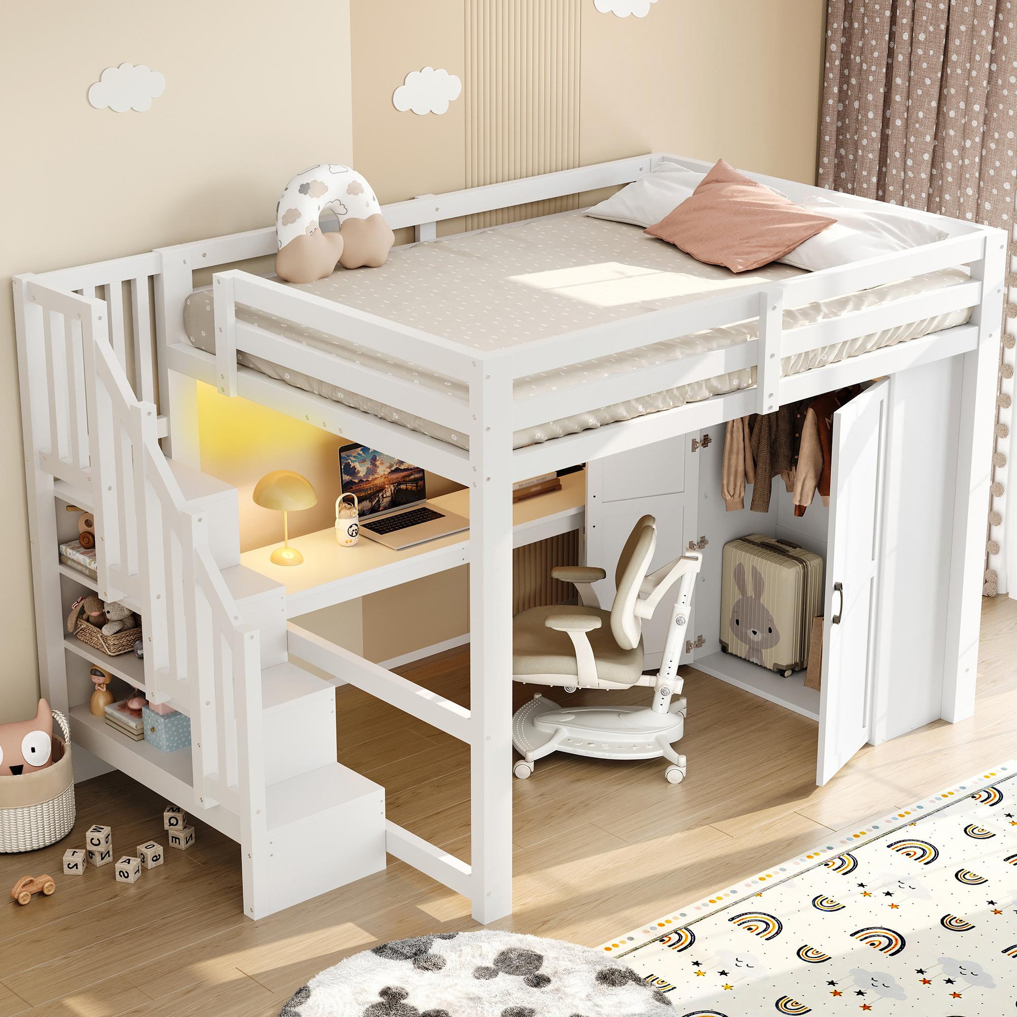 Voir la diapositive 4 : MERAX Lit combiné enfant 140x200 cm coloris blanc led pin