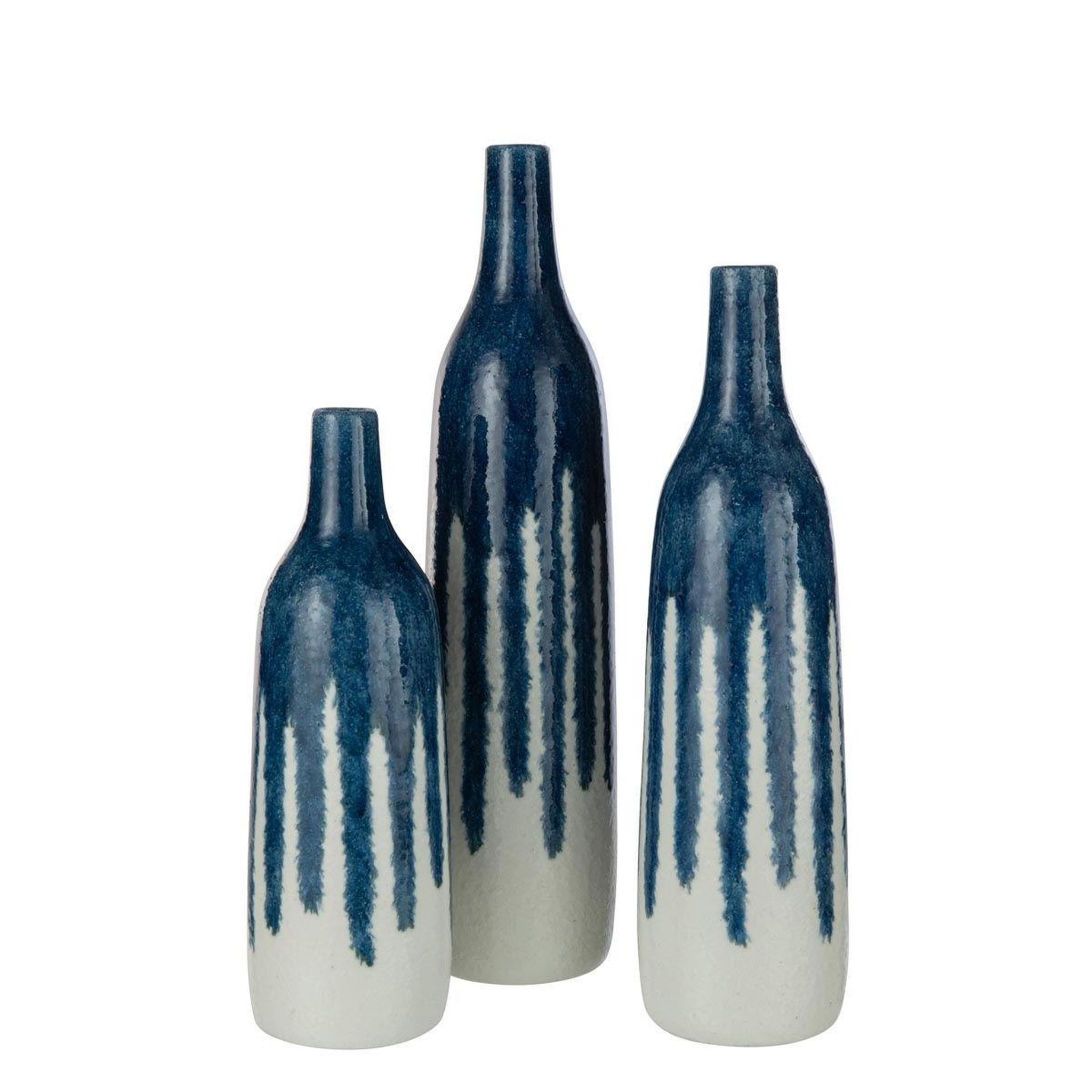 Voir la diapositive 2 : J-LINE Vase bouteille en céramique  peinture  36cm blanc & bleu