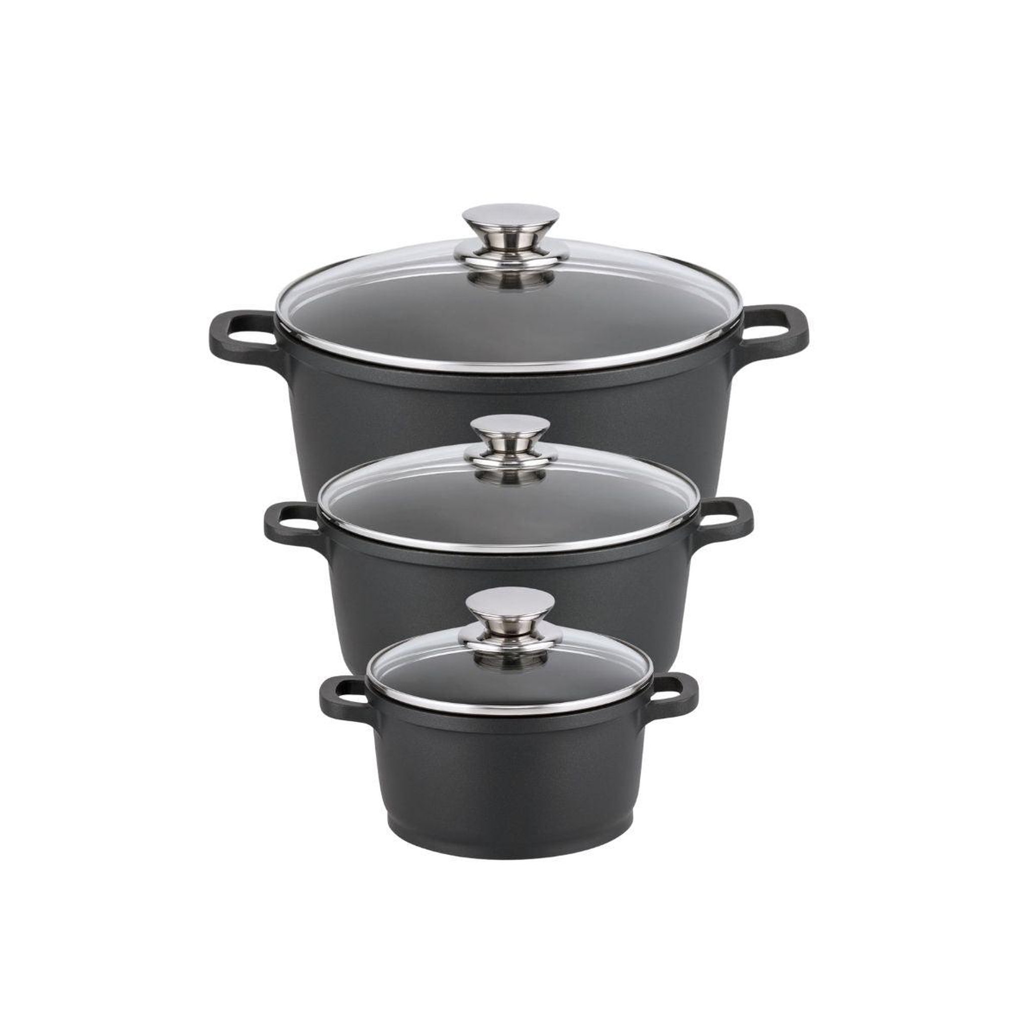 ELO Set de 3 faitouts 16 cm 20 cm et 24 cm sans pfas avec couvercles en verre elo alucast