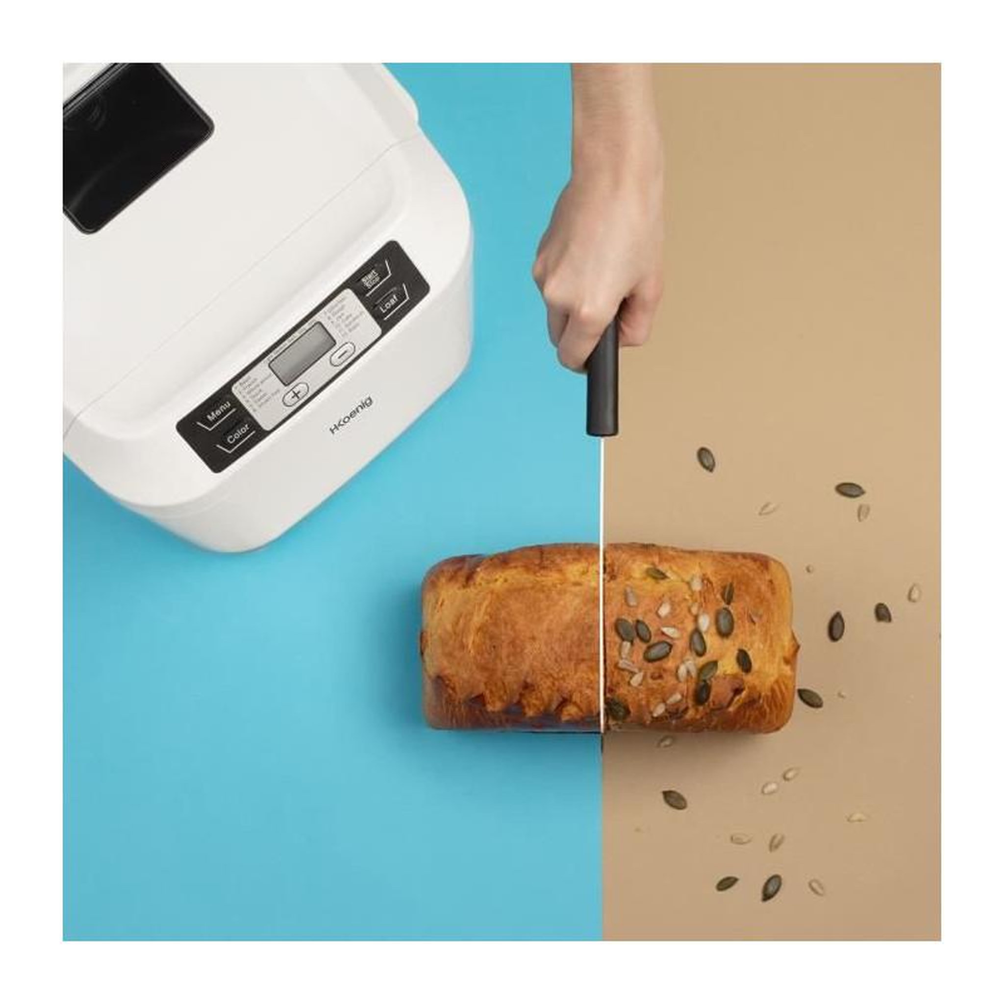 Voir la diapositive 5 : HKOENIG H.KoeNIG BAKE340 - Machine a pain avec graines - 12 programmes - 3 niveaux de cuisson - 550W - 2 tailles: 650 ou 800g - Ecran LC
