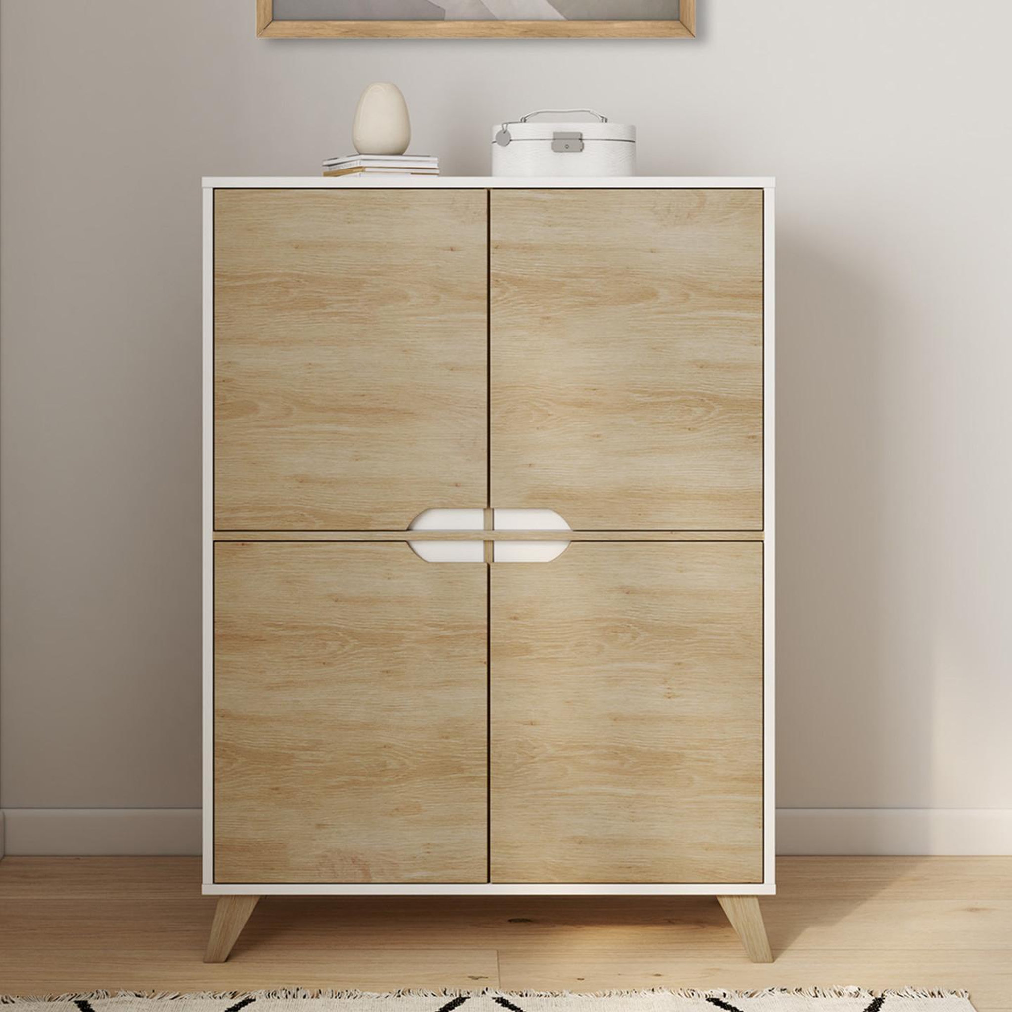 Voir la diapositive 2 : ID MARKET Meuble de rangement 4 portes HELSINKI scandinave blanc et bois