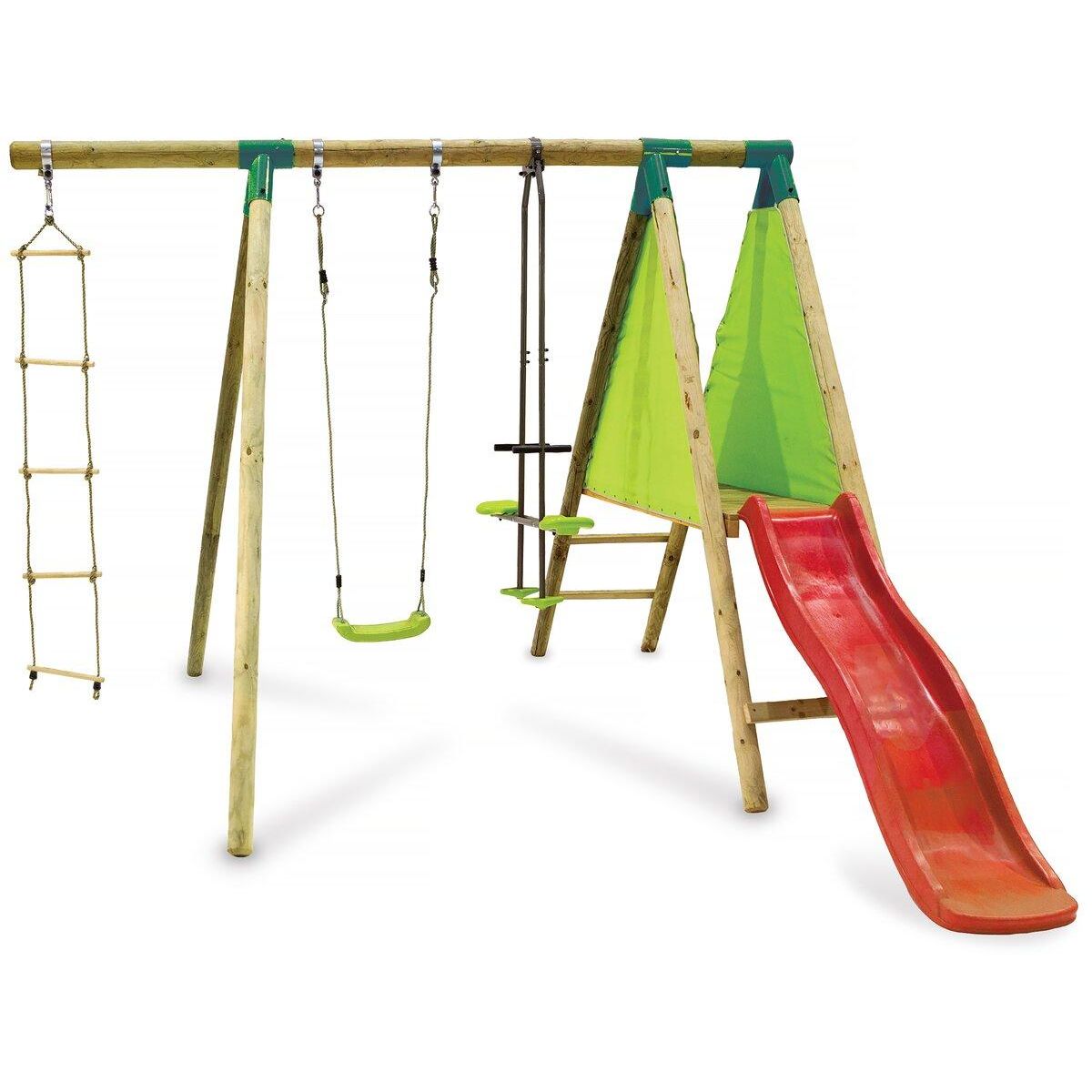 Habitat et Jardin Portique Bois  Kida  - Avec 1 Toboggan - 1 Balançoire - 1 Face à face - 1 Nacelle.