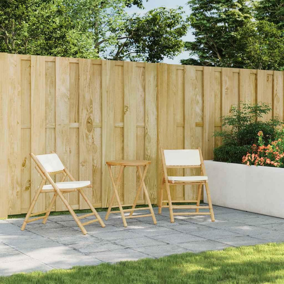 VIDAXL Ensemble de bistro pliante 3 pcs et coussins blanc creme bambou