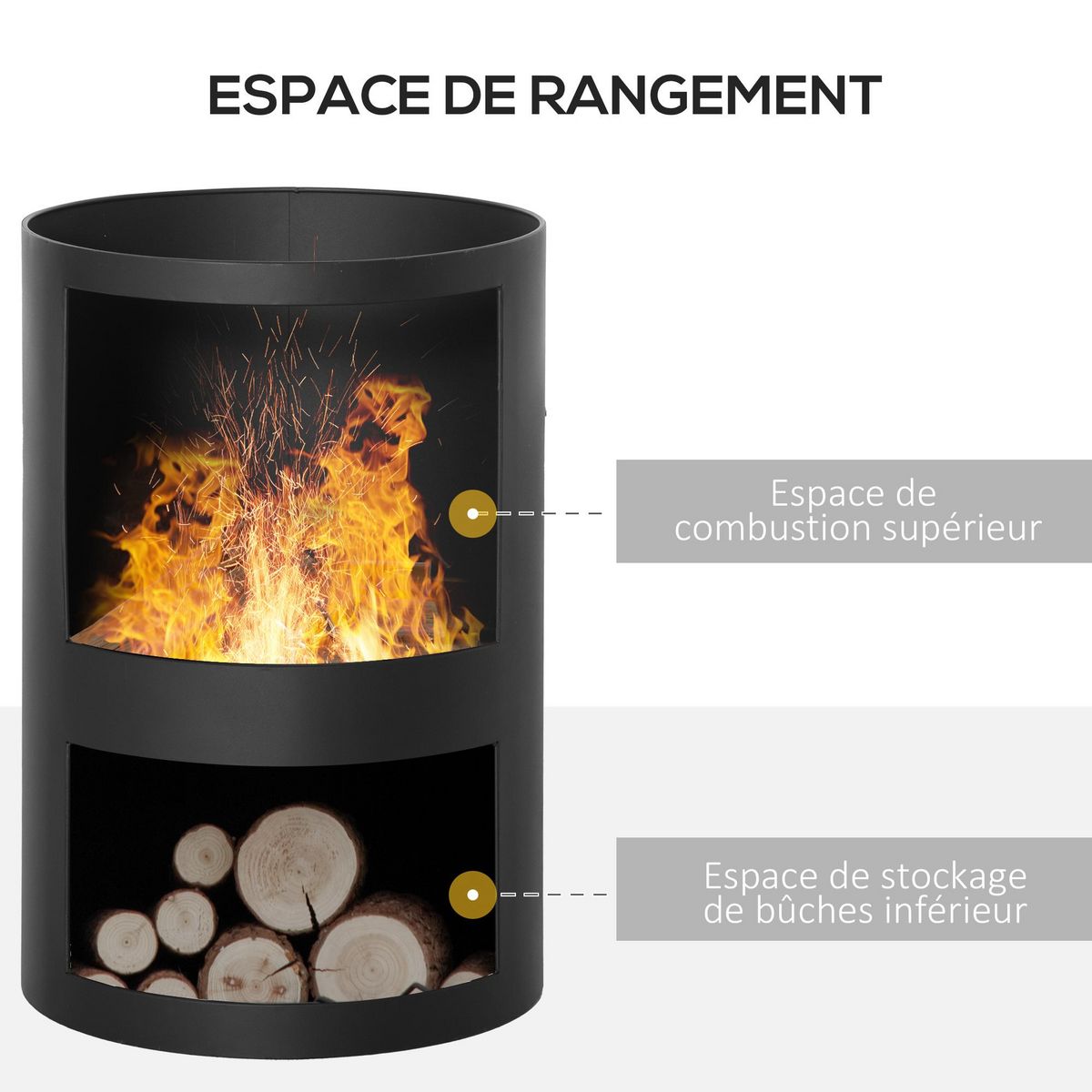 OUTSUNNY Brasero cheminée d'extérieur H.133 Ø 45 cm tisonnier large foyer - espace de rangement pour bûches - métal noir