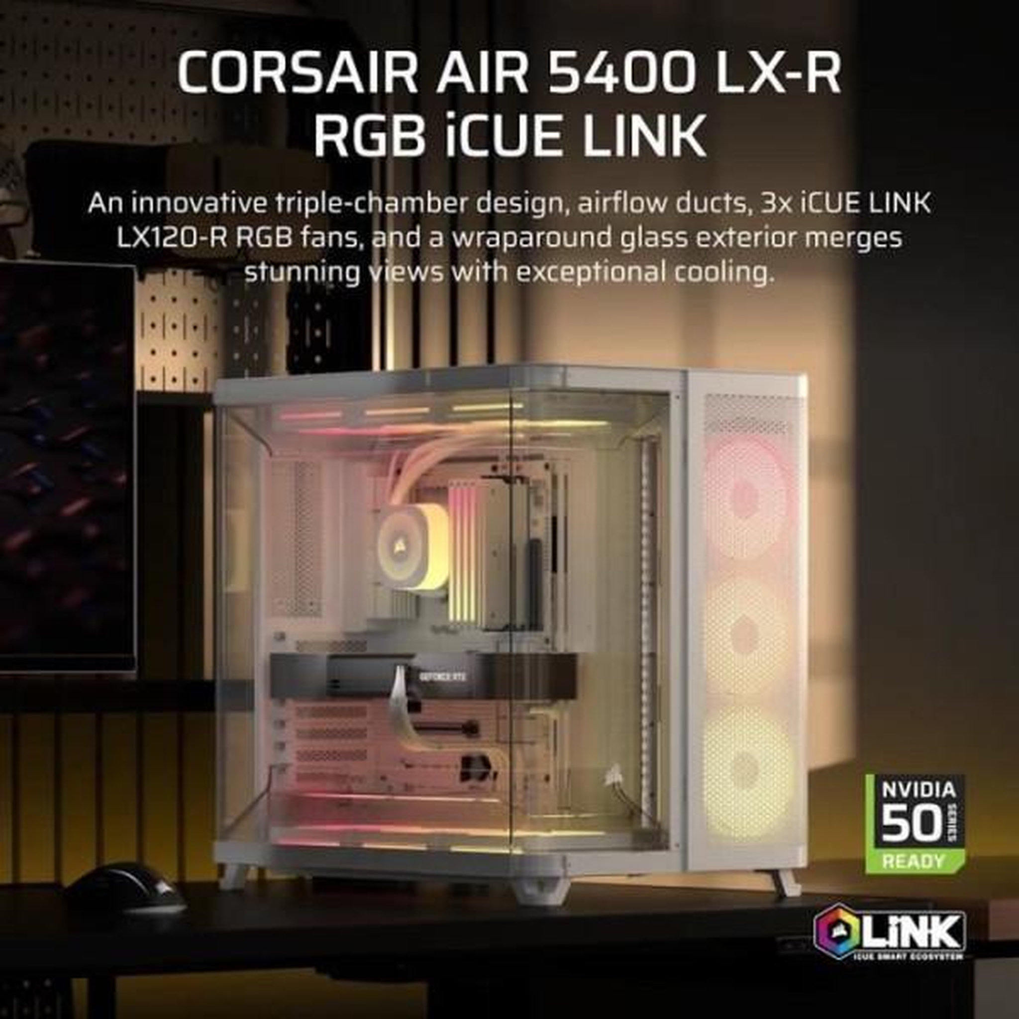 Voir la diapositive 2 : Corsair Boitier pc - corsair - air 5400 lx-r link tempered glass mid-tower - ventilateurs rgb a rotor inversé - blanc