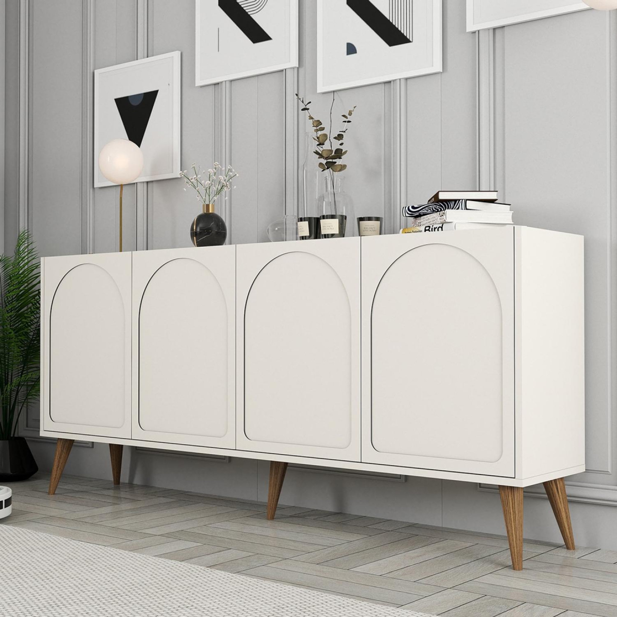 Voir la diapositive 3 : CONCEPT USINE Buffet 4 portes design arrondi crème 180x81cm lister