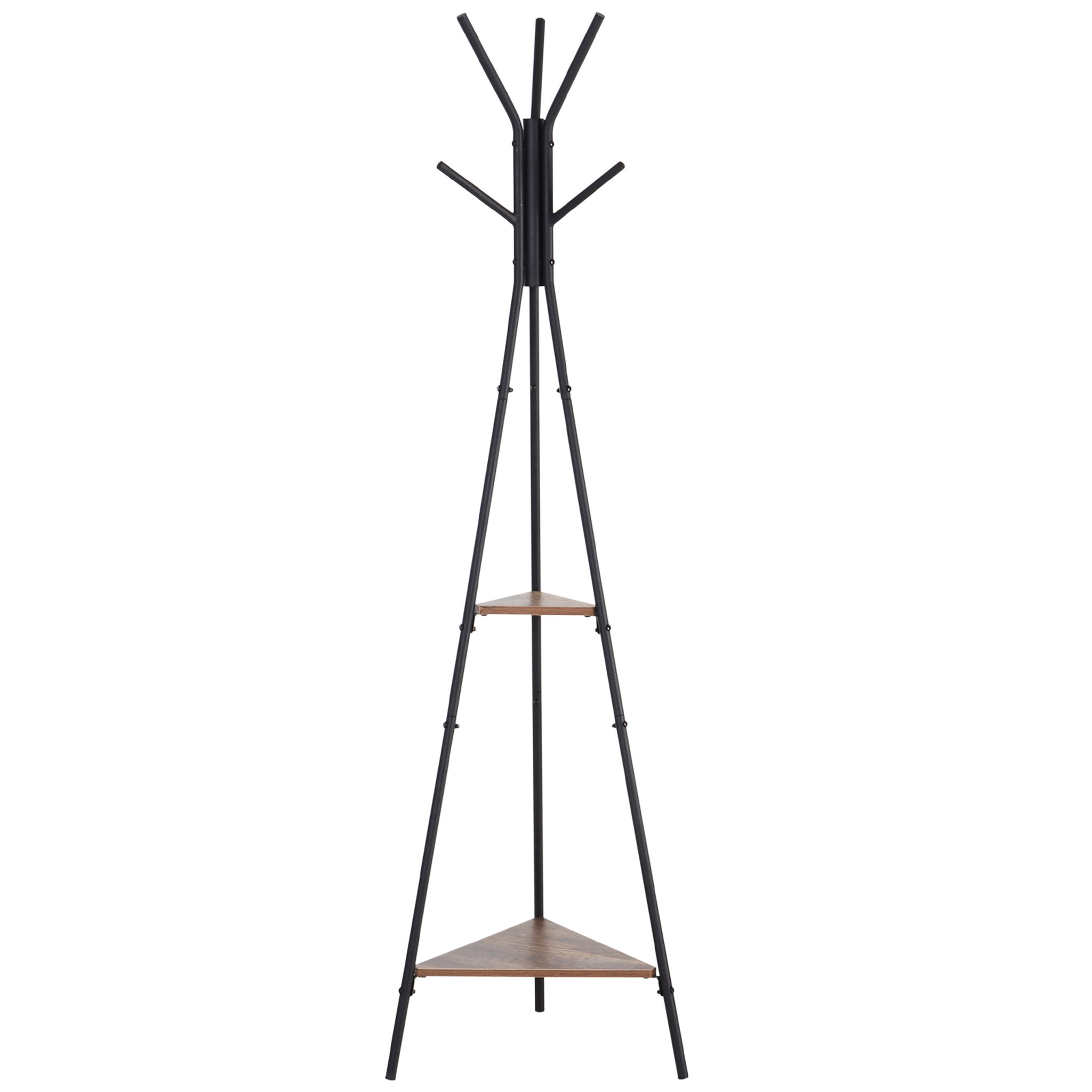 Voir la diapositive 1 : HOMCOM HOMCOM Porte-manteau trépied style industriel branches 2 étagères + 6 patères dim. 52L x 46l x 182H cm métal noir panneaux particules boisés