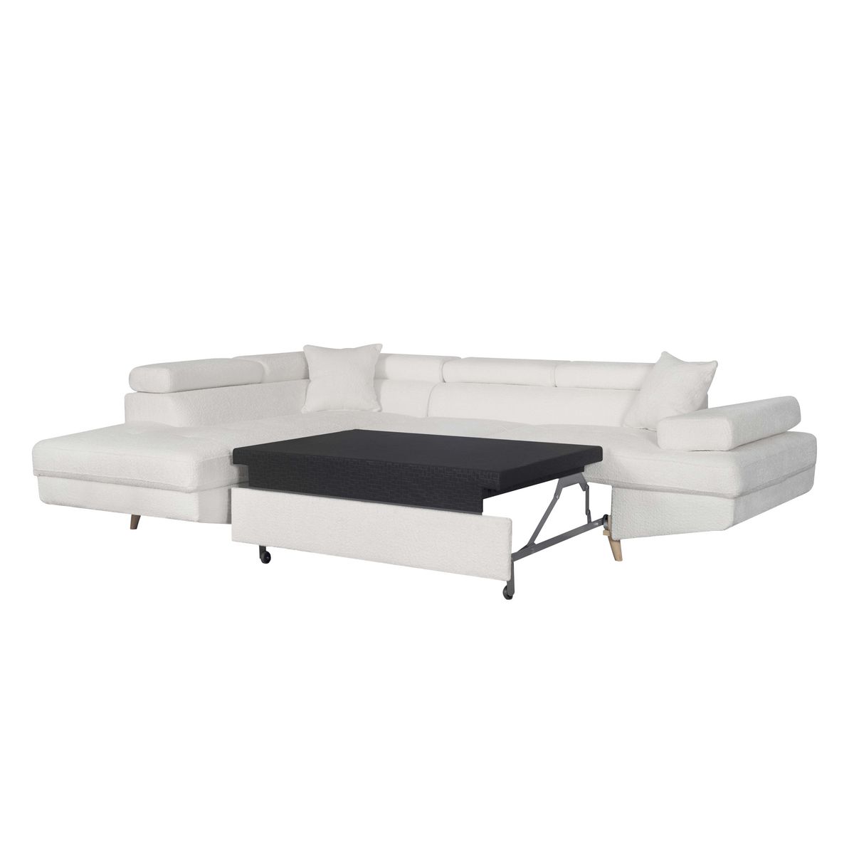 Canapé d'angle convertible 5places tissu bouclette blanc MARIUS 