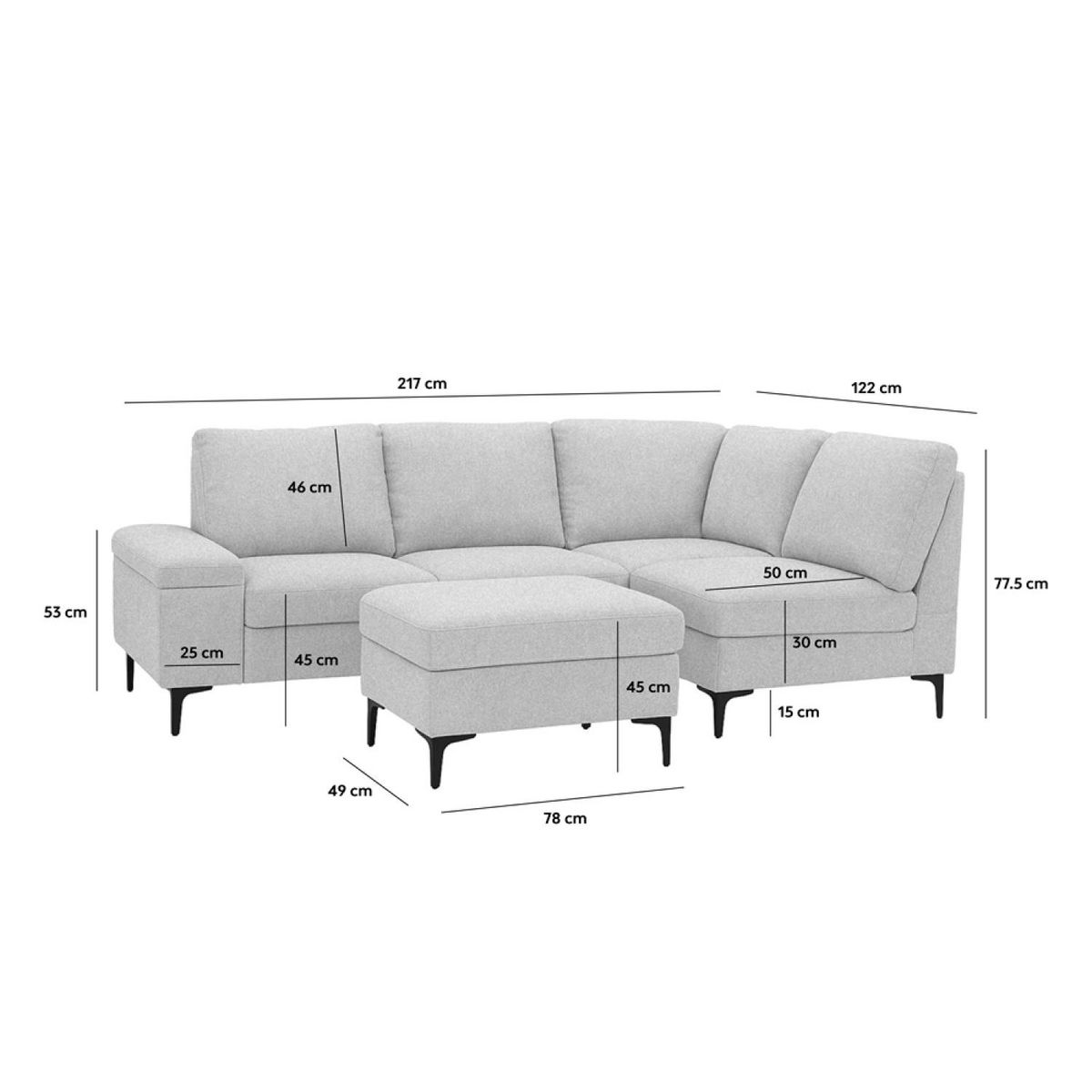 CONCEPT USINE Canapé d'angle 4-5 places en tissu chenille beige avec pouf COLCHESTER