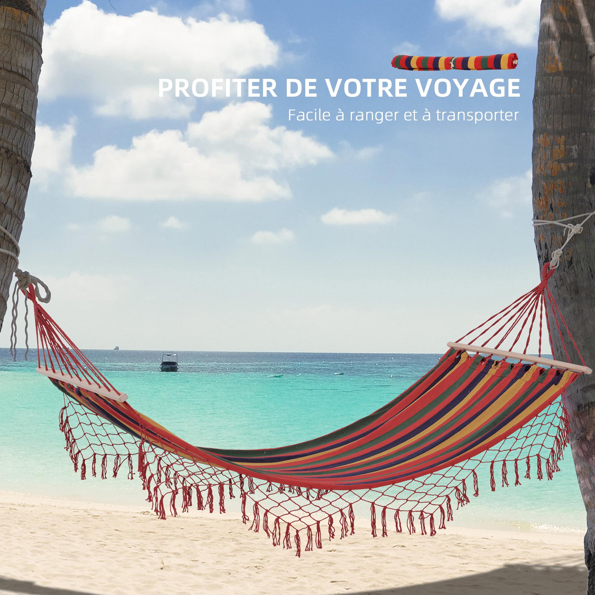 Voir la diapositive 6 : OUTSUNNY Hamac de voyage respirant portable toile de hamac dim. 2L x 1l m coton polyester multicolore