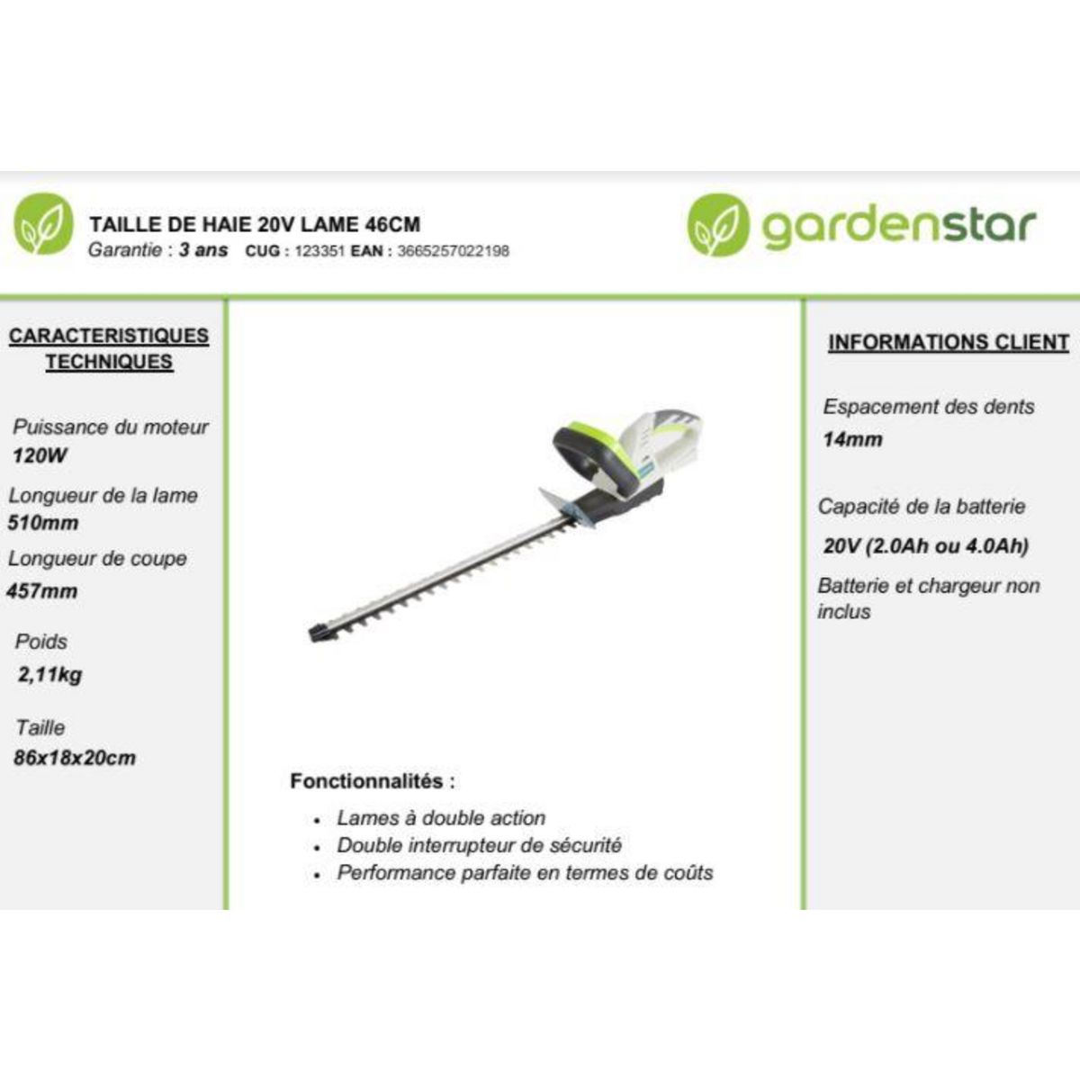 GARDENSTAR Taille haies sans fil sur batteries de 20V