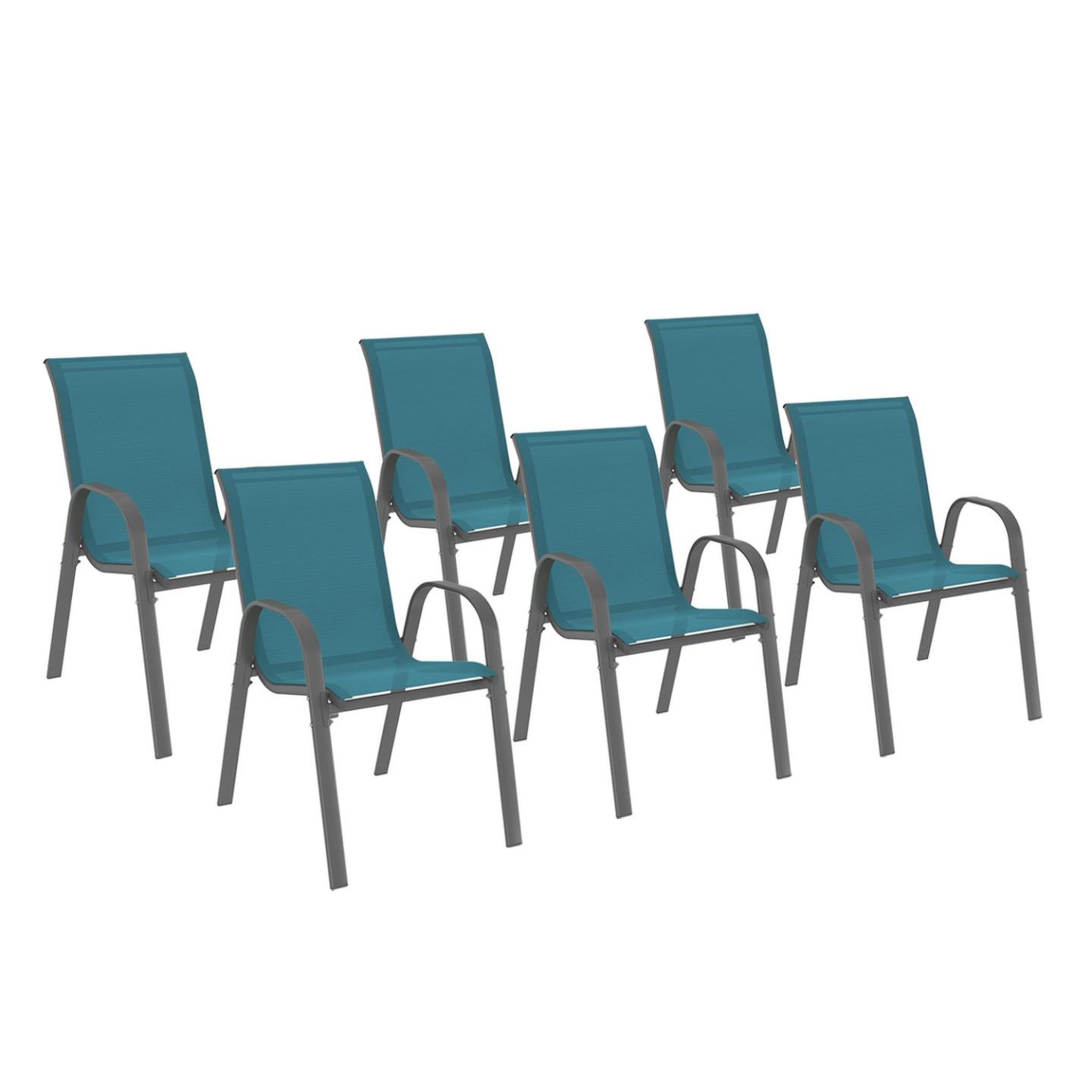 ID MARKET Lot de 6 chaises de jardin lyma métal et textilène empilables bleu canard