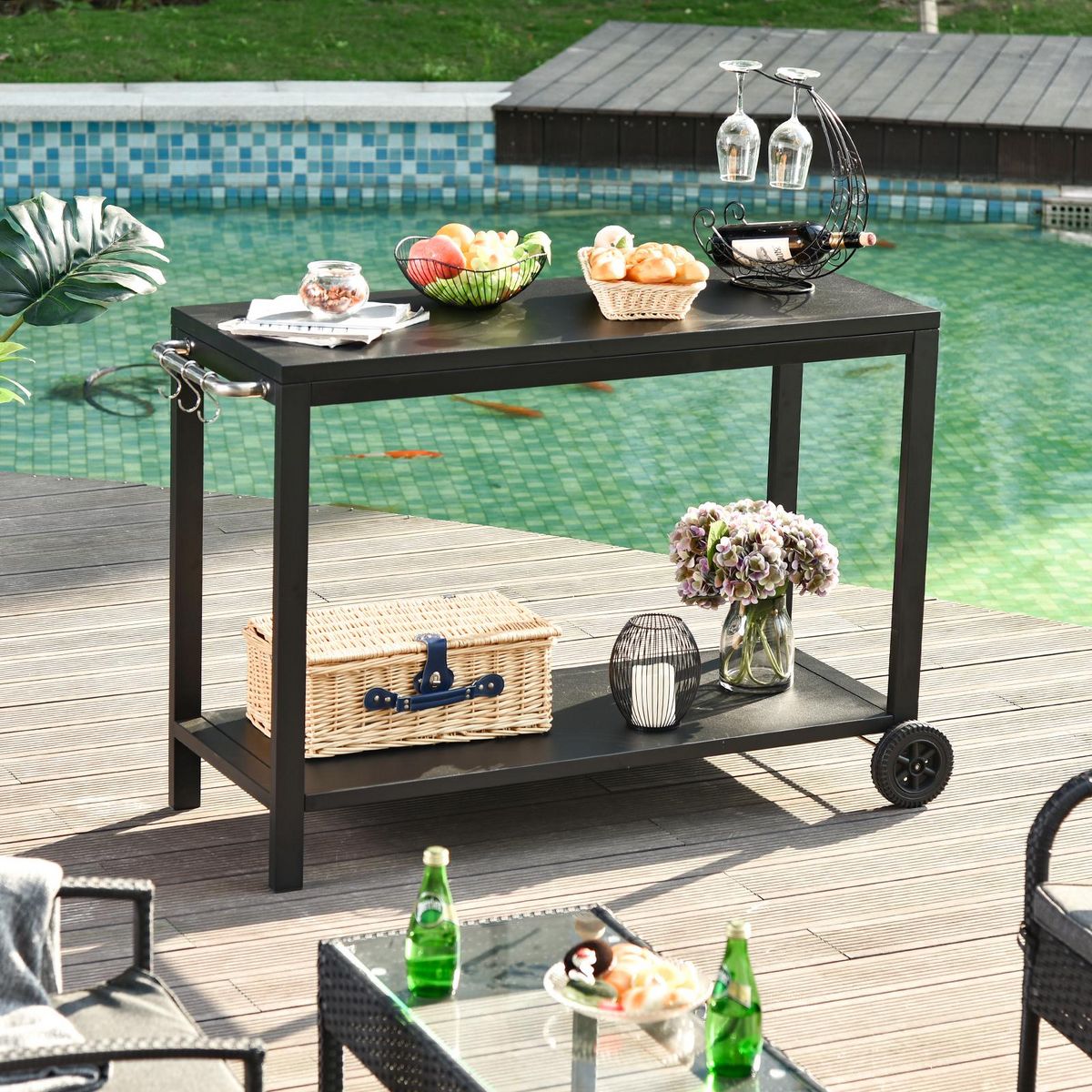HOMCOM Desserte de jardin - desserte pour plancha - chariot de service à roulettes multi-rangements acier noir