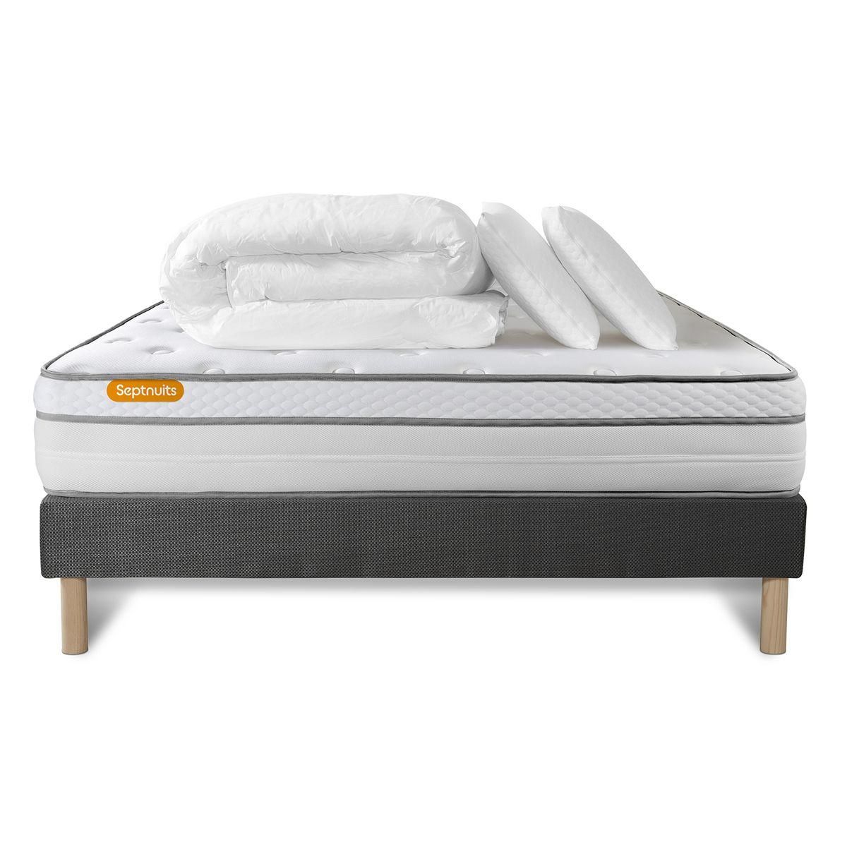 SEPTNUITS Pack matelas + sommier gris Memo Luxe Ressorts ensachés + mémoire de forme 5 zones de confort MAXI épaisseur