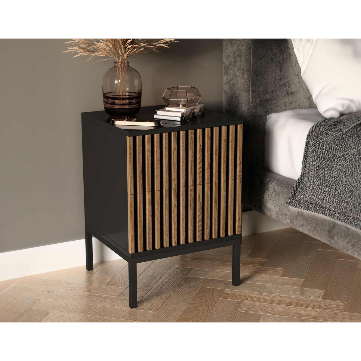 BEST MOBILIER Savanna - table de chevet - effet bois et noir - 40 cm