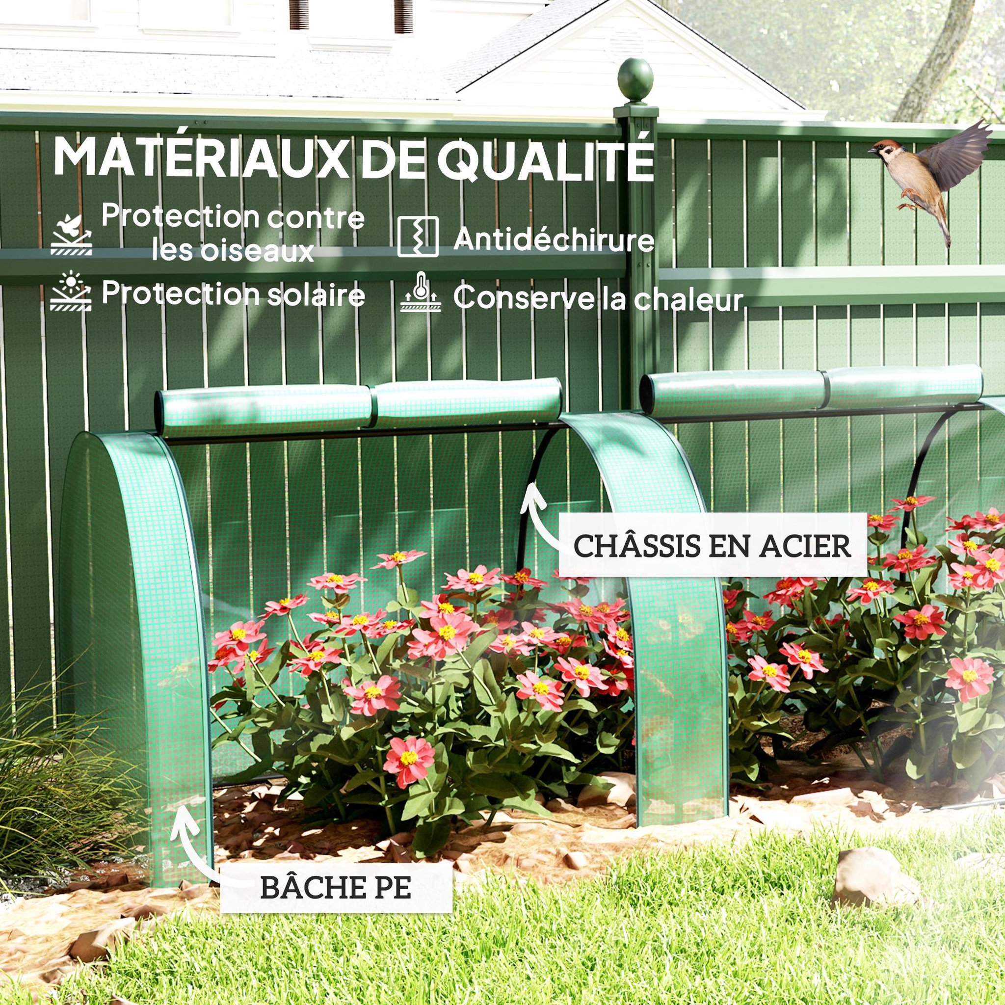 Voir la diapositive 4 : OUTSUNNY Mini serre de jardin mini serre à tomates 4 x 1 x 0,8 m 4 portes zippées acier PE haute densité 140 g/m² vert